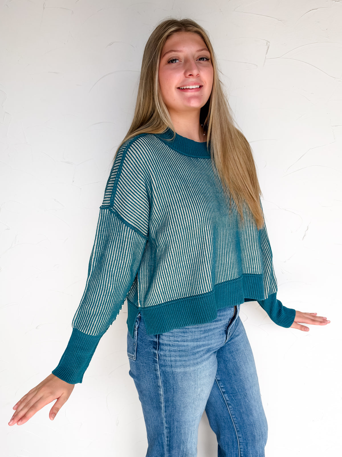 Worth Your While Exposed Seam Sweater- Teal