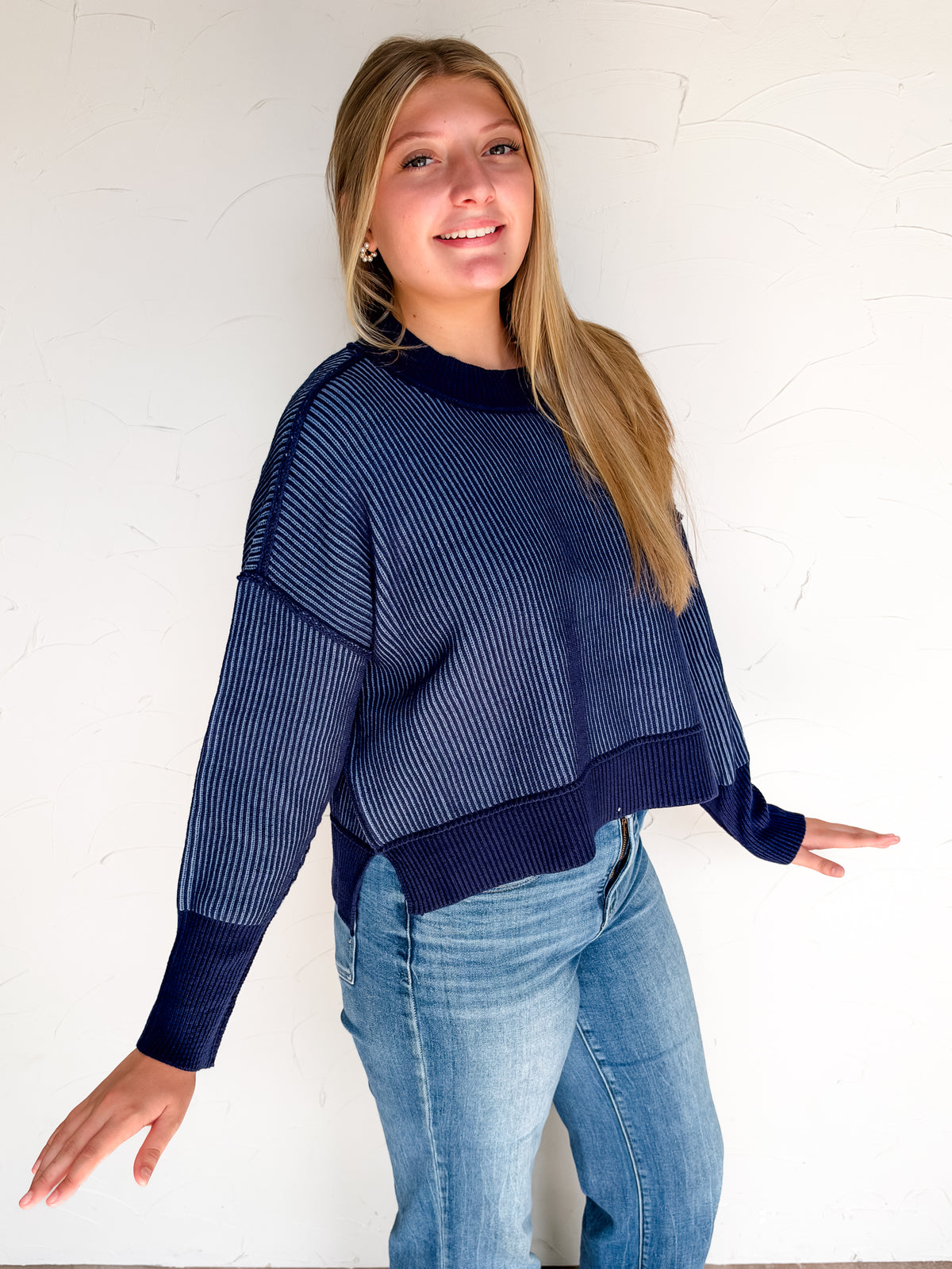 Worth Your While Exposed Seam Sweater- Navy/Dusty Blue
