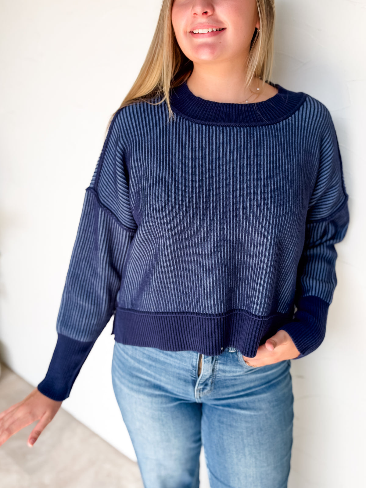 Worth Your While Exposed Seam Sweater- Navy/Dusty Blue