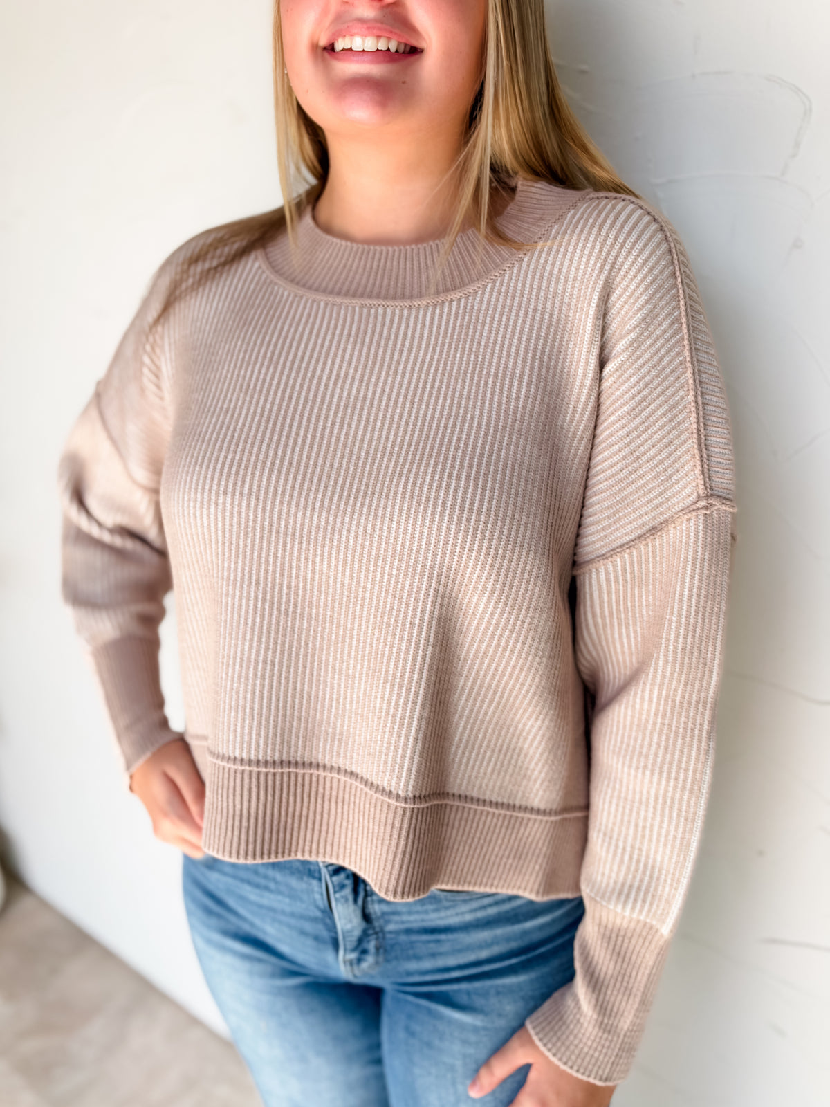 Worth Your While Exposed Seam Sweater- Ash Mocha/Ivory