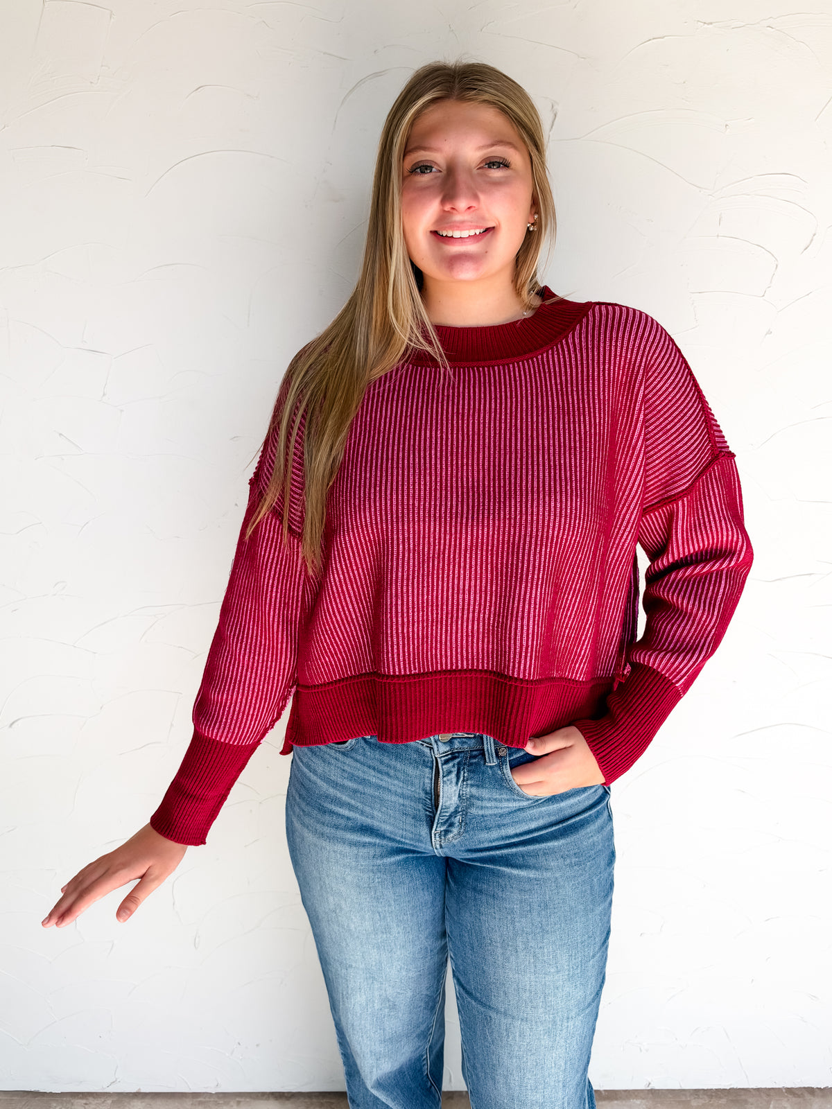 Worth Your While Exposed Seam Sweater- Cabernet/Candy Pink