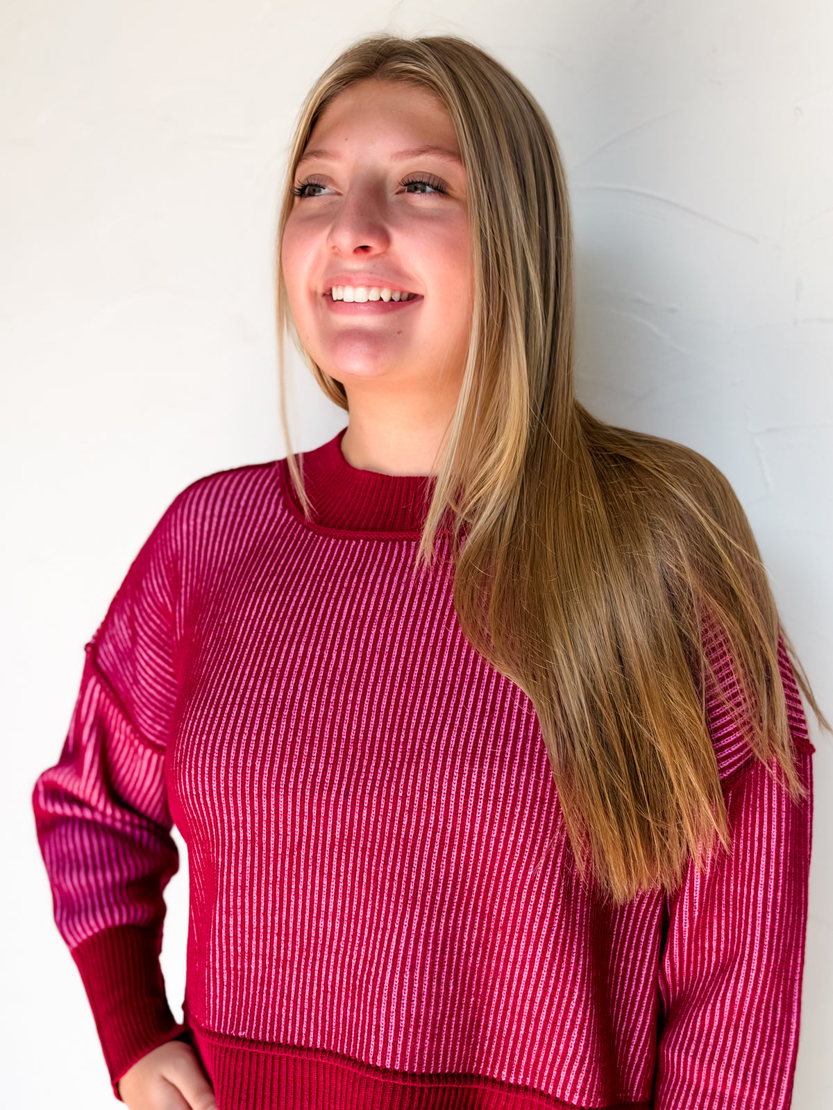 Worth Your While Exposed Seam Sweater- Cabernet/Candy Pink