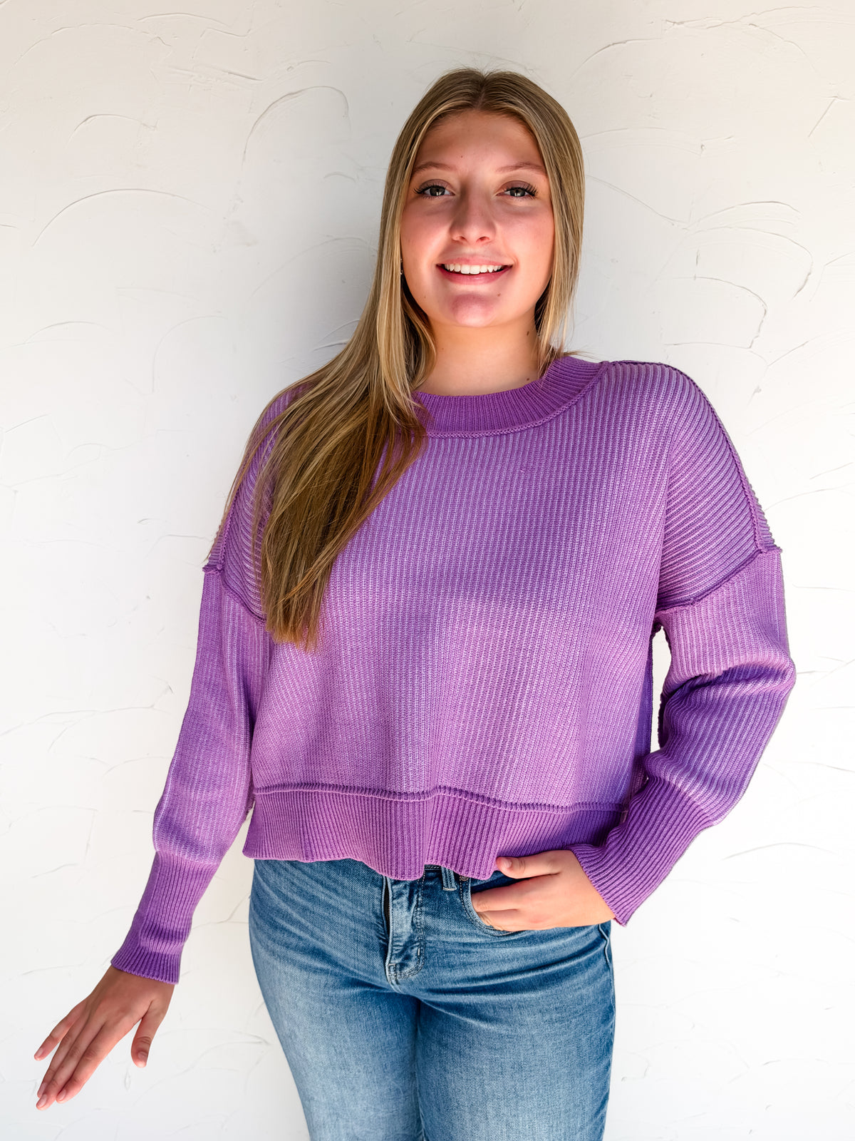 Worth Your While Exposed Seam Sweater- B Violet/Lavender