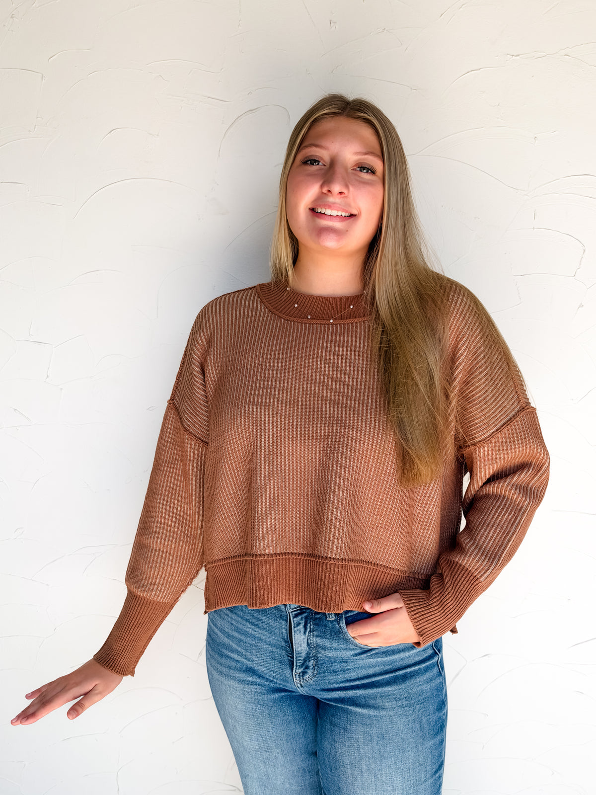 Worth Your While Exposed Seam Sweater- Deep Camel/Light Mocha