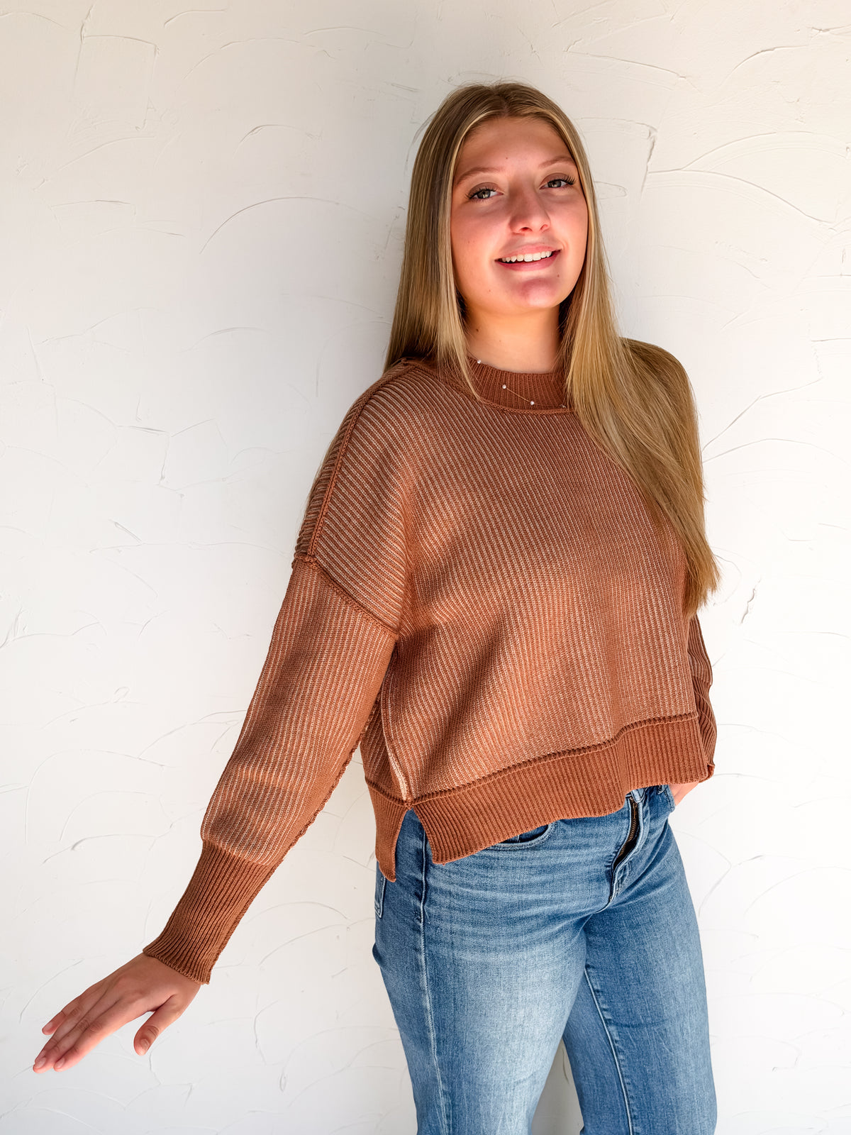 Worth Your While Exposed Seam Sweater- Deep Camel/Light Mocha