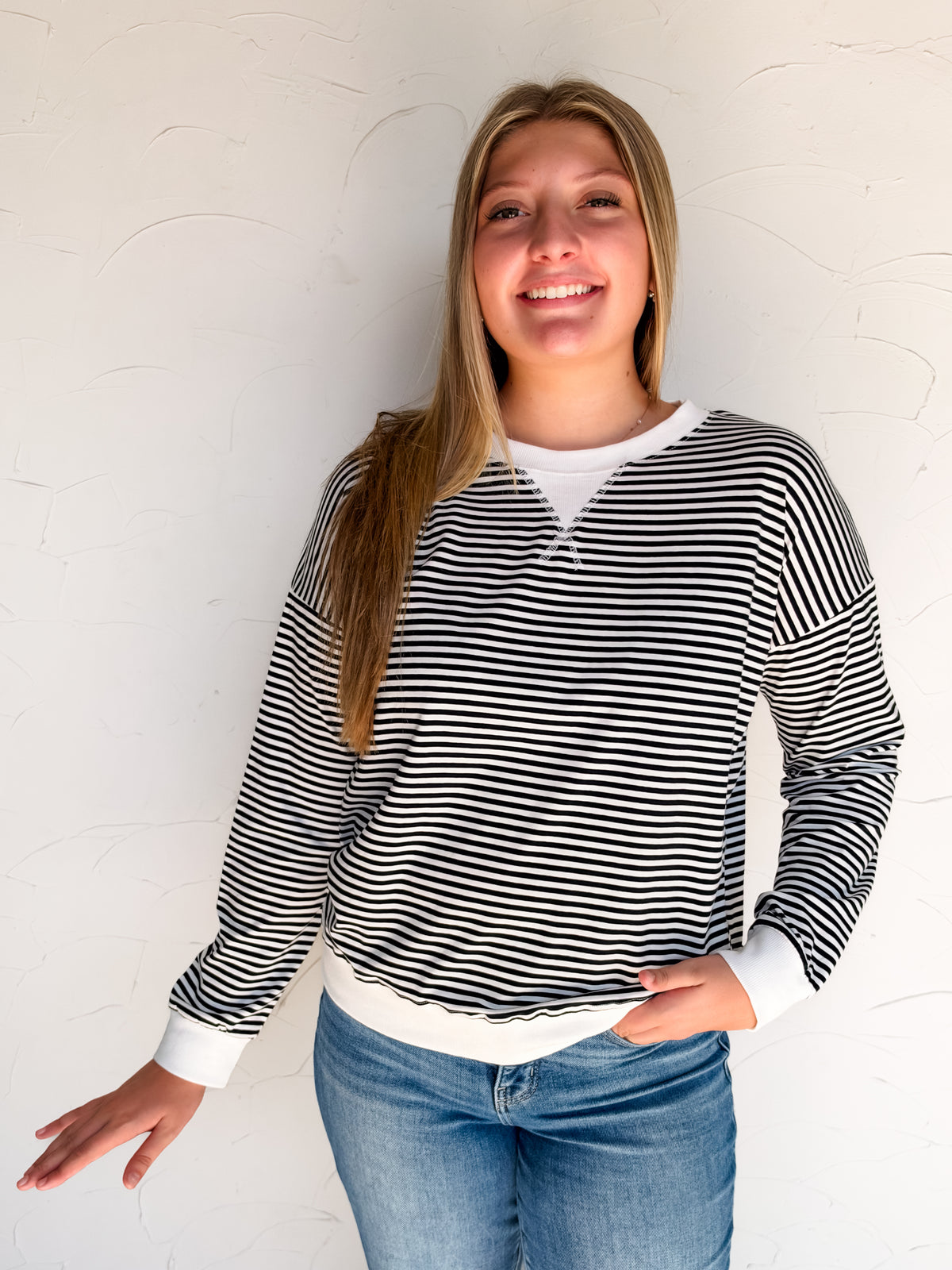 Time Well Spent Striped Rib Banded Top- Black