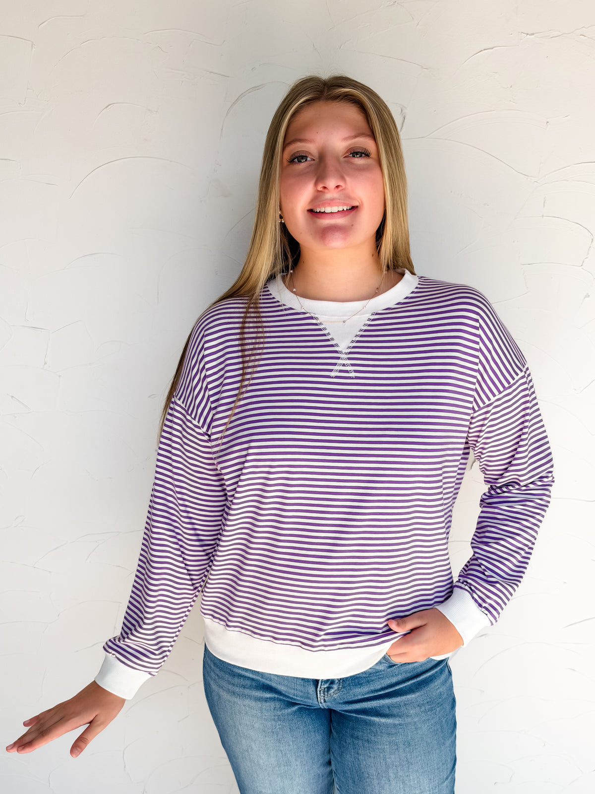 Time Well Spent Striped Rib Banded Top- Violet