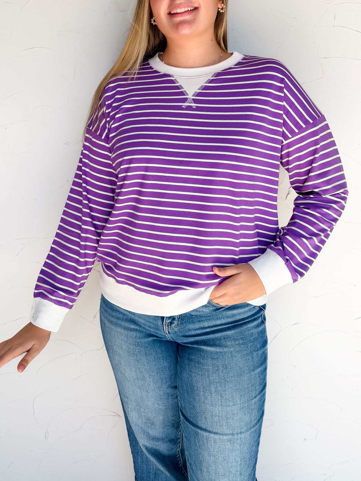 Listen To Me Striped Rib Banded Top- Violet