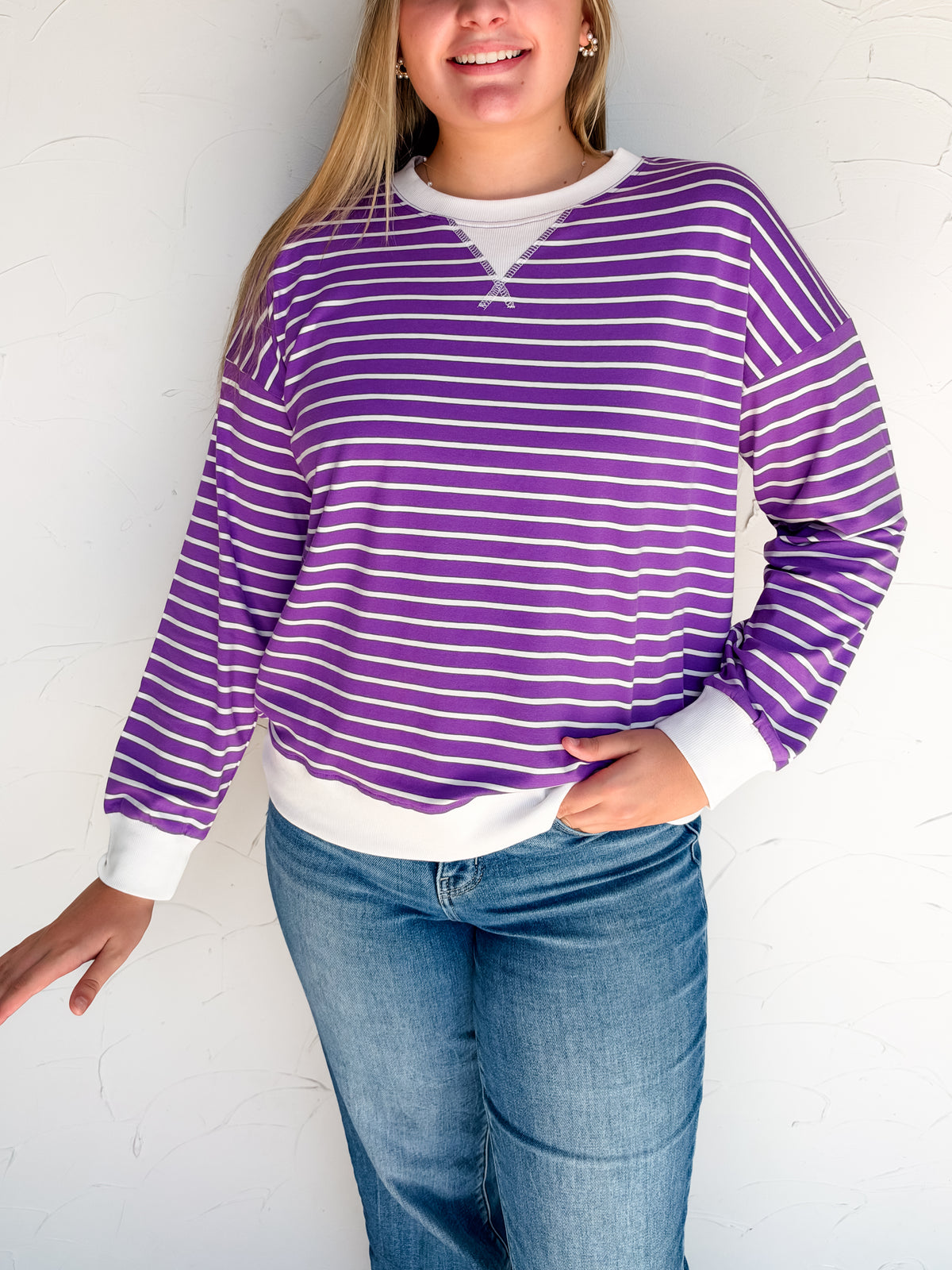 Listen To Me Striped Rib Banded Top- Violet