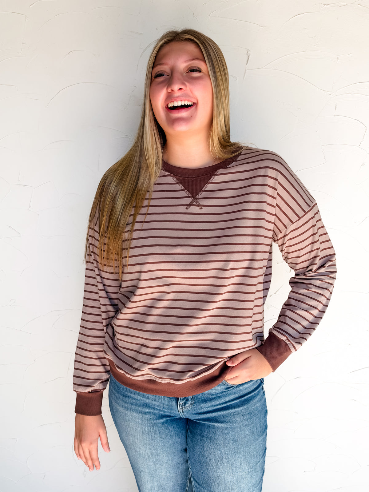 Listen To Me Striped Rib Banded Top- Ash