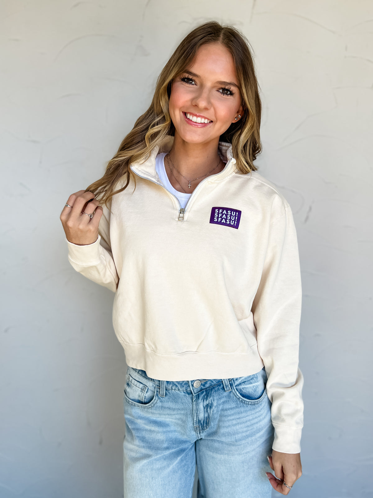 SFASU Patch Mid Length Quarter Zip Sweatshirt- Ivory