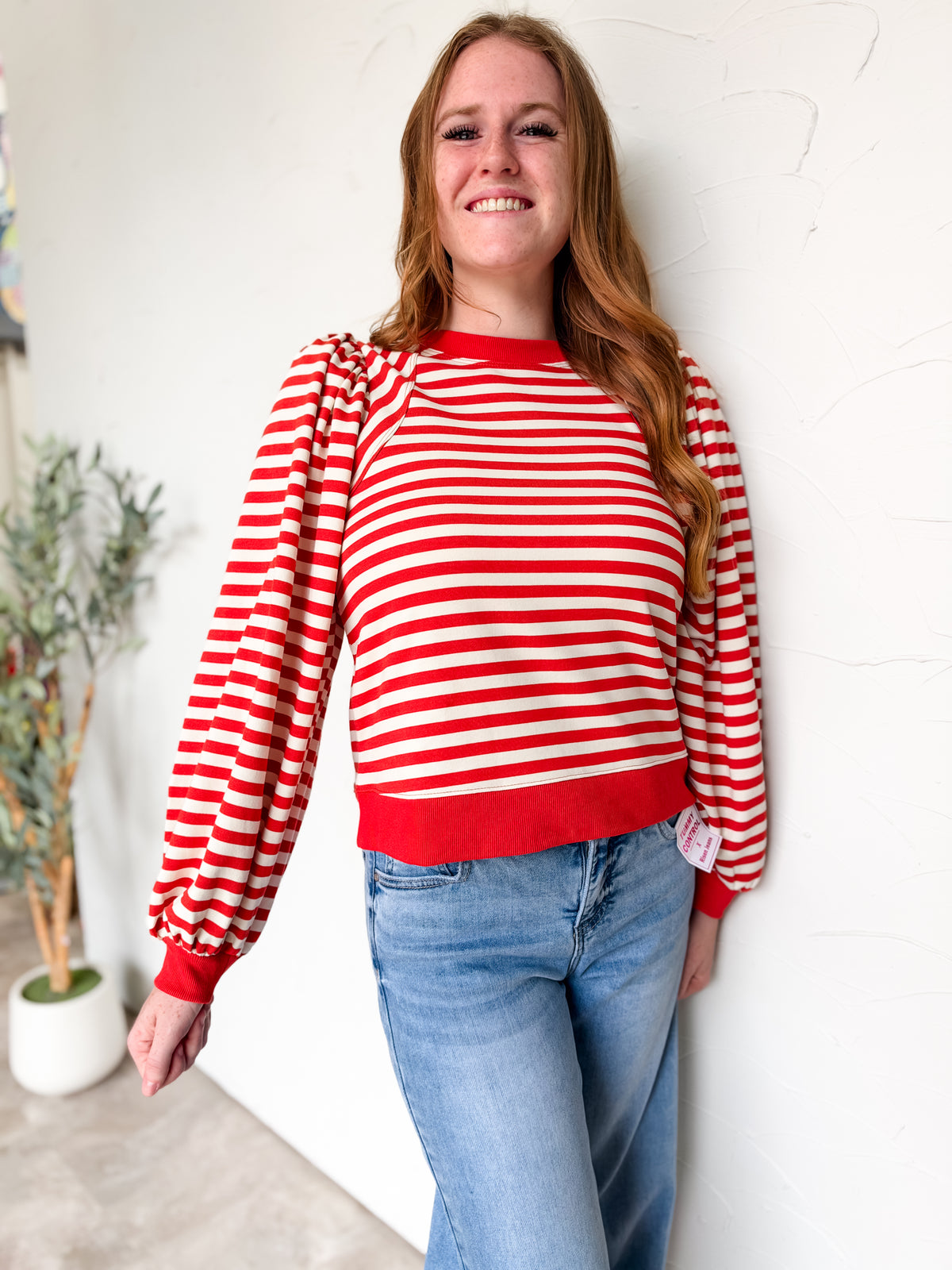 Soft Whispers Puff Shoulder Stripe Top- Brick