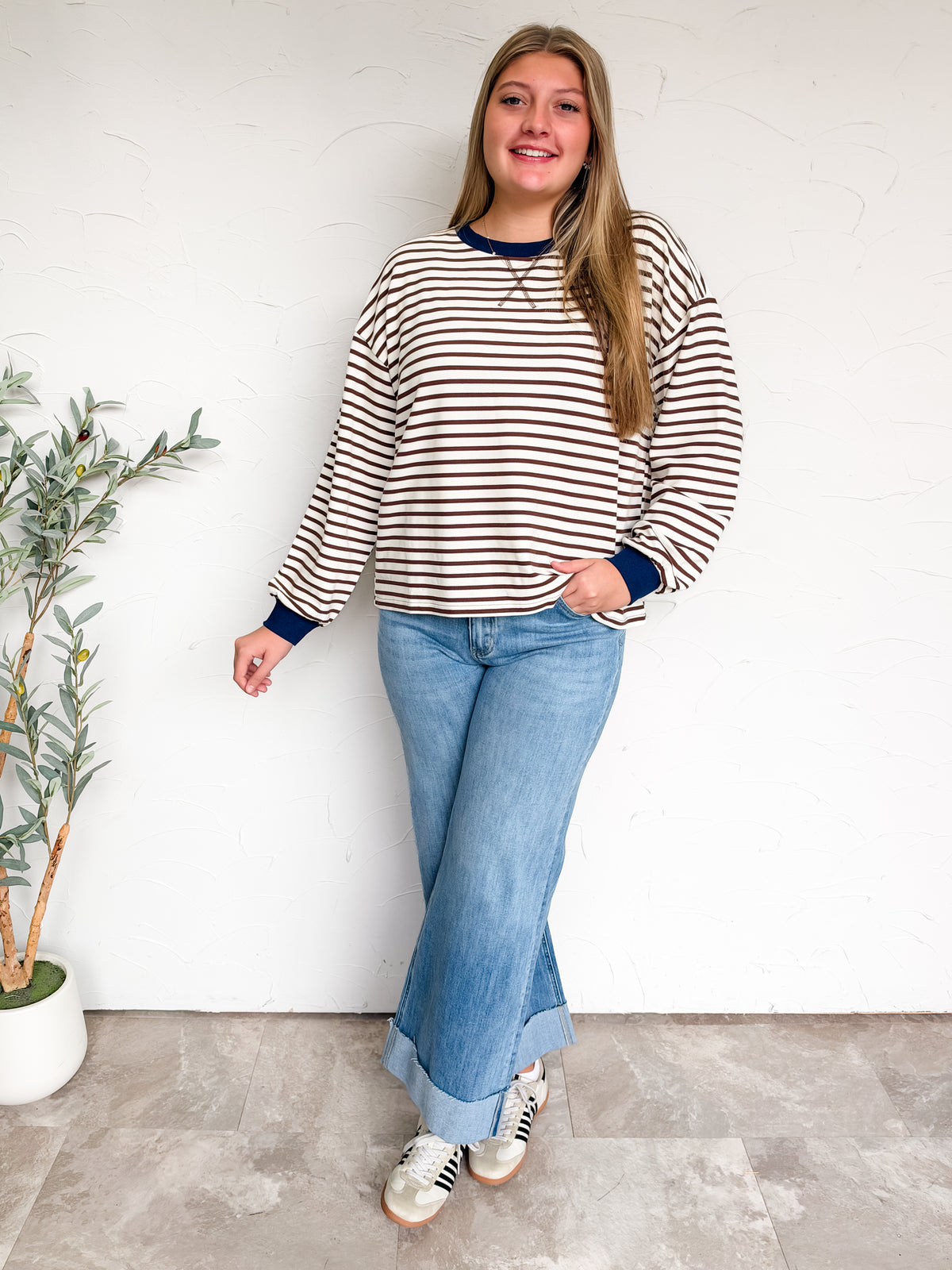 Relaxing On The Spot Crew Neck Stripe Top- Navy