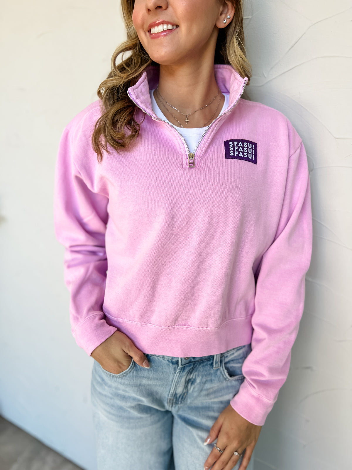 SFASU Patch Mid Length Quarter Zip Sweatshirt- Pink