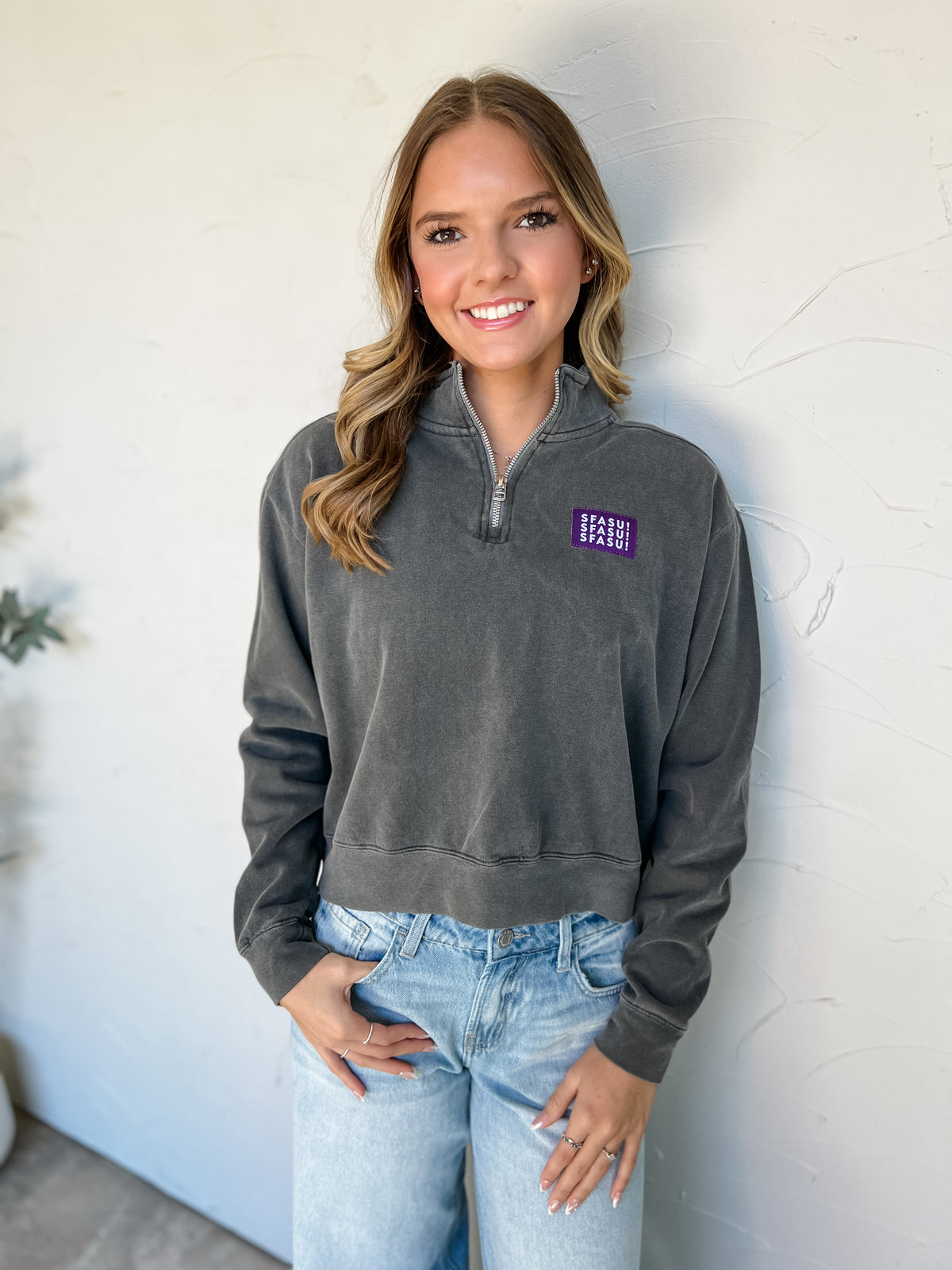 SFASU Patch Mid Length Quarter Zip Sweatshirt- Pepper