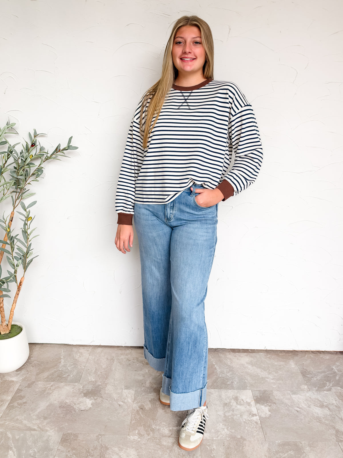 Relaxing On The Spot Crew Neck Stripe Top- Brown