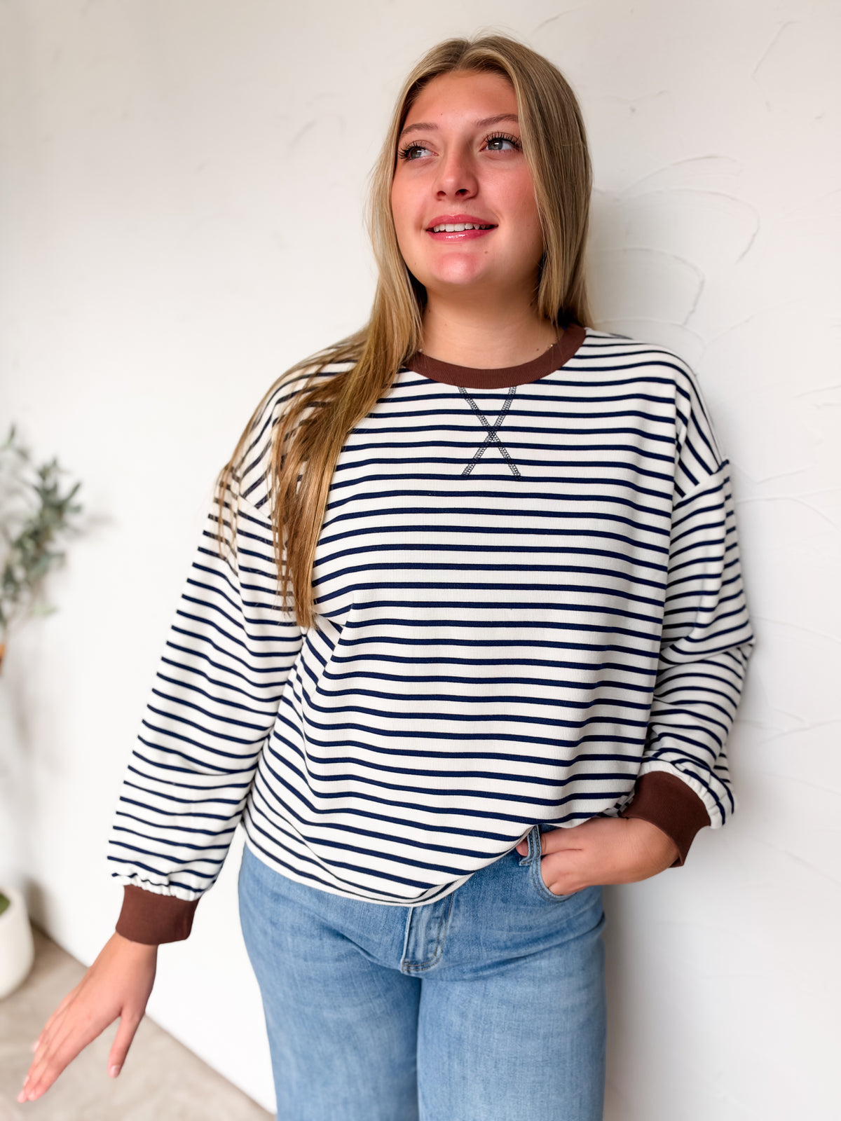 Relaxing On The Spot Crew Neck Stripe Top- Brown