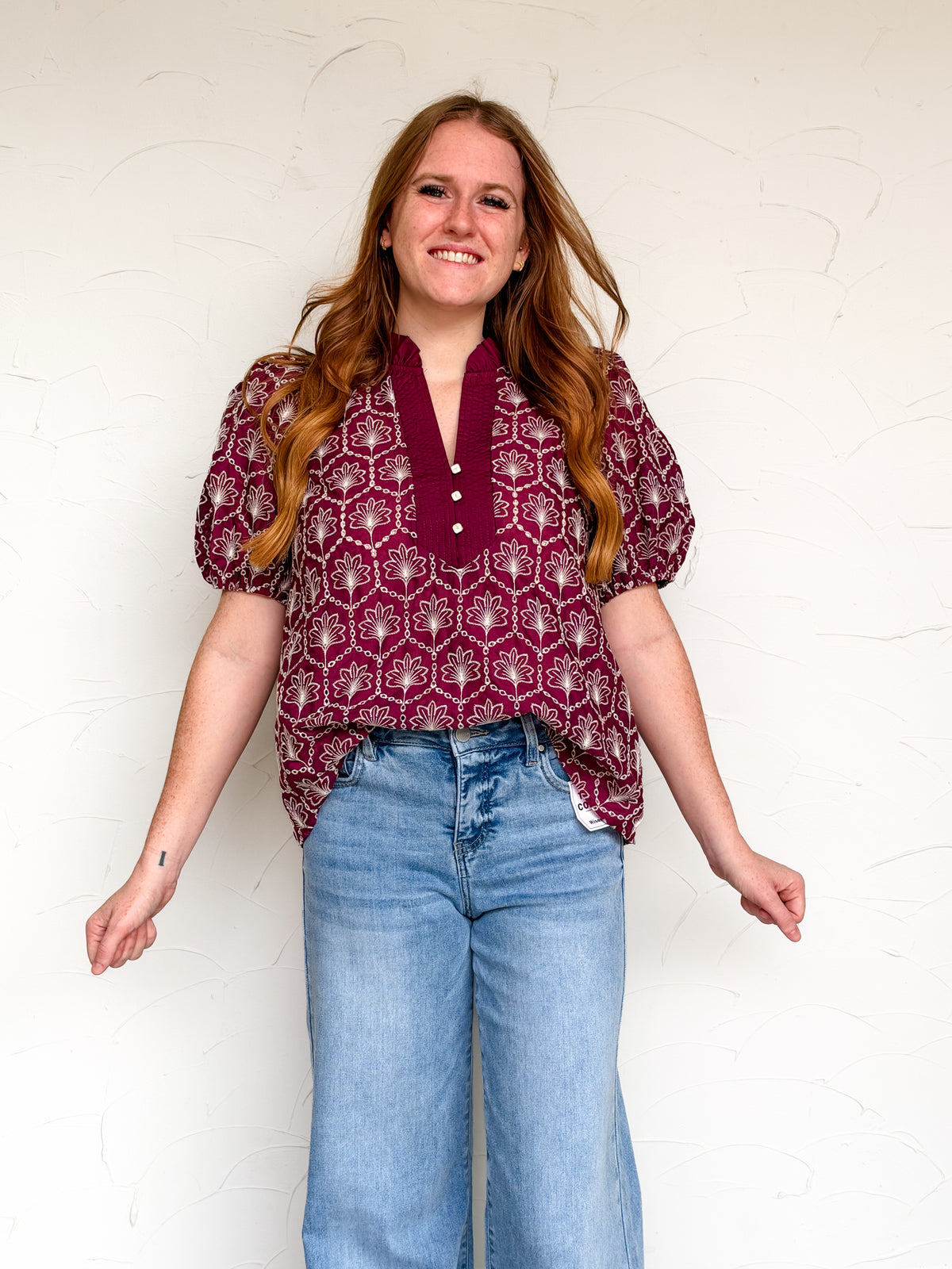 Morning Coffee Embroidered Puff Sleeve Top