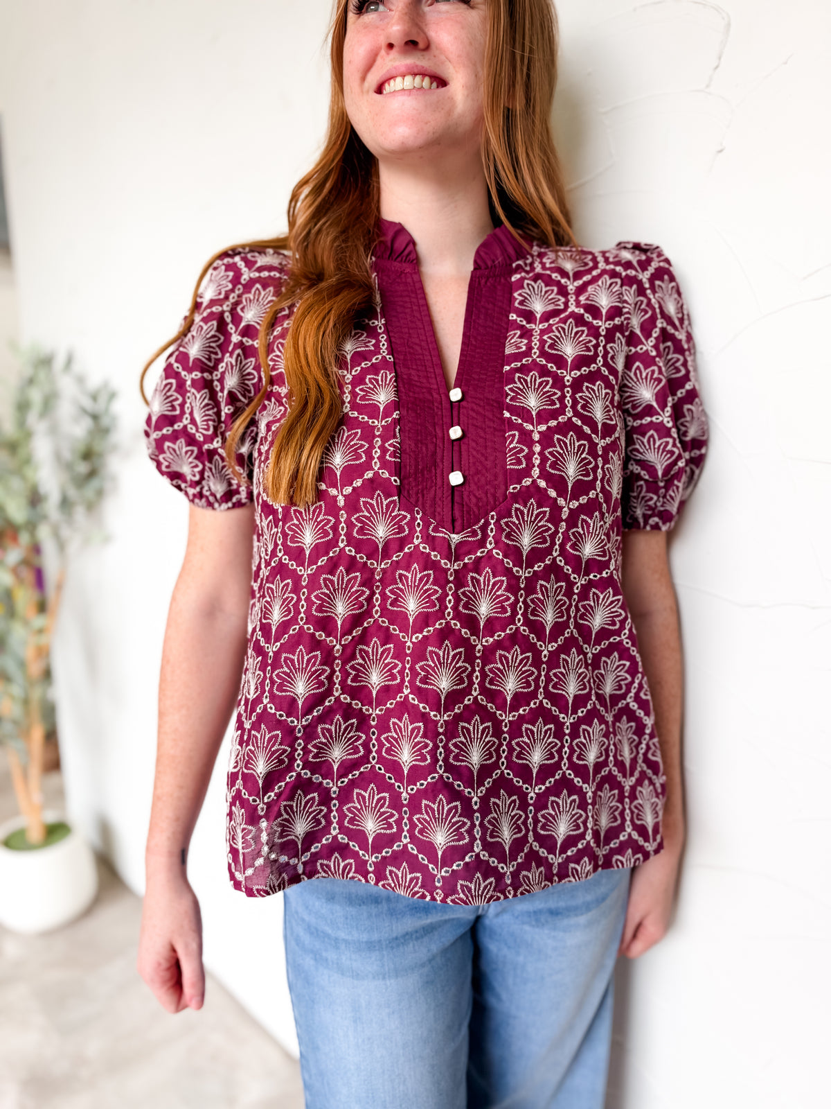 Morning Coffee Embroidered Puff Sleeve Top