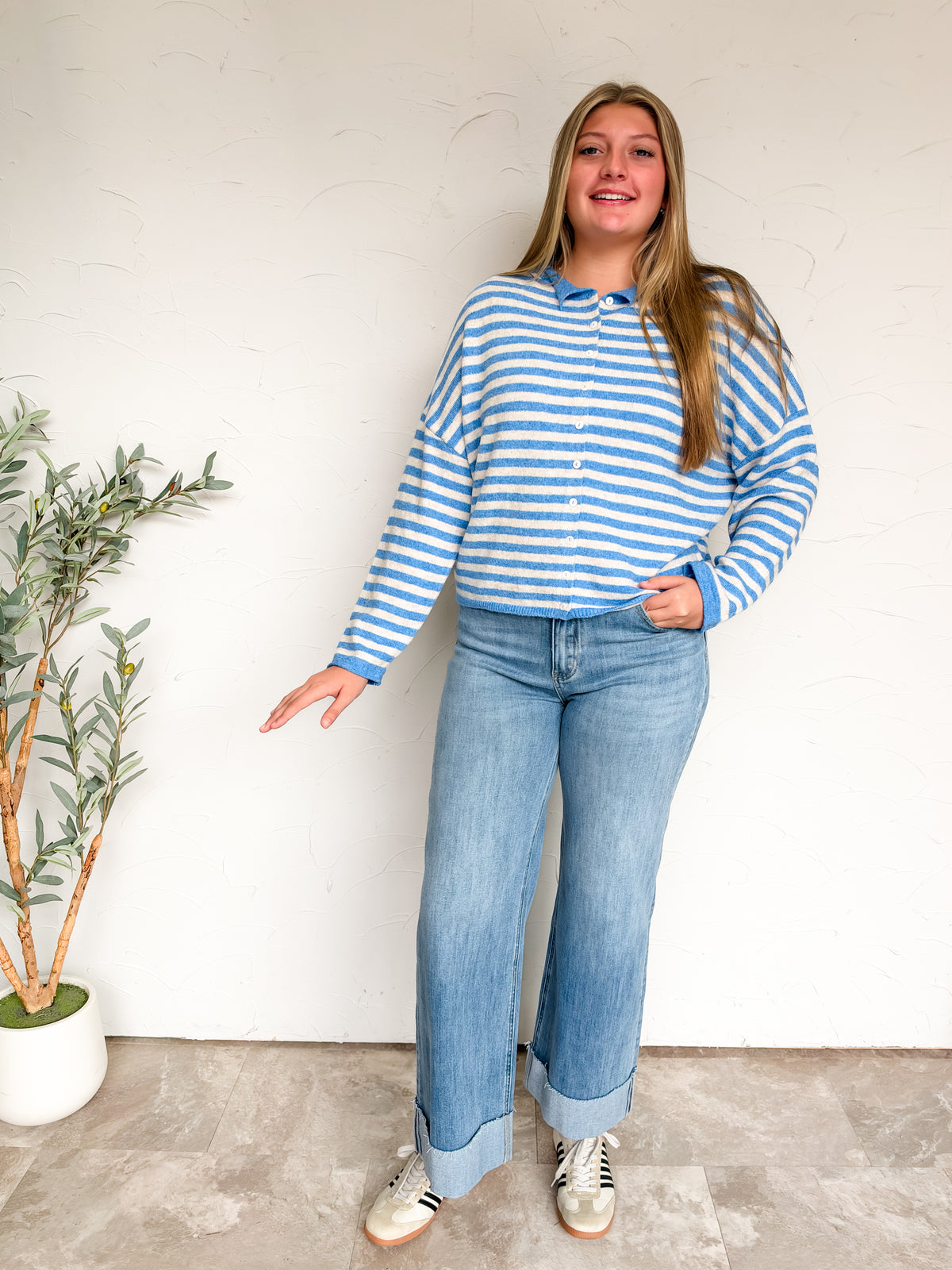 More Than Enough Striped Button Down Cardigan- Ocean Blue