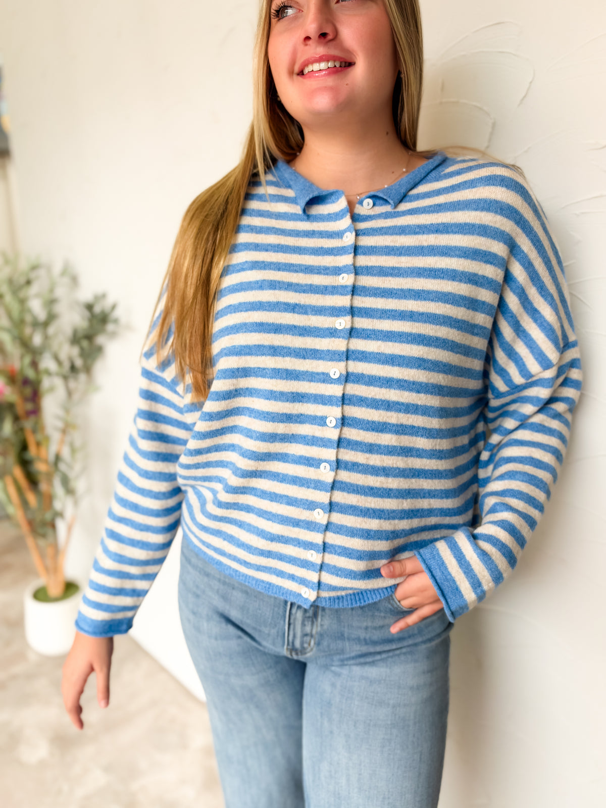 More Than Enough Striped Button Down Cardigan- Ocean Blue
