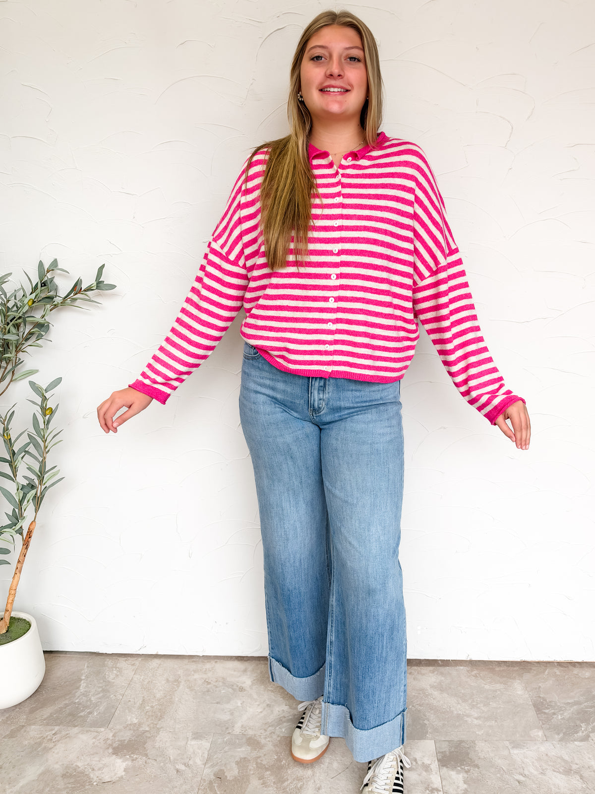 More Than Enough Striped Button Down Cardigan- Hot Pink