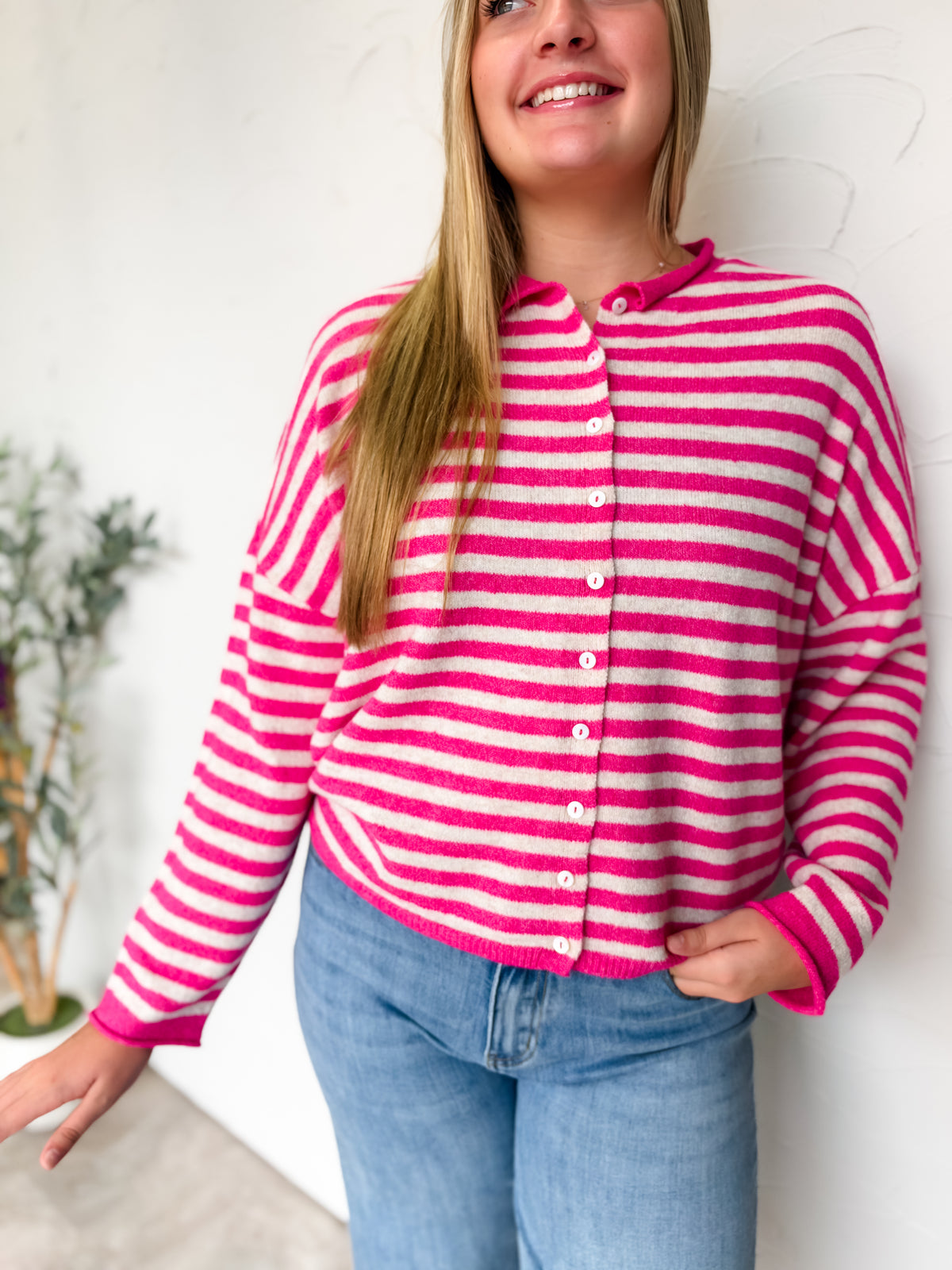 More Than Enough Striped Button Down Cardigan- Hot Pink