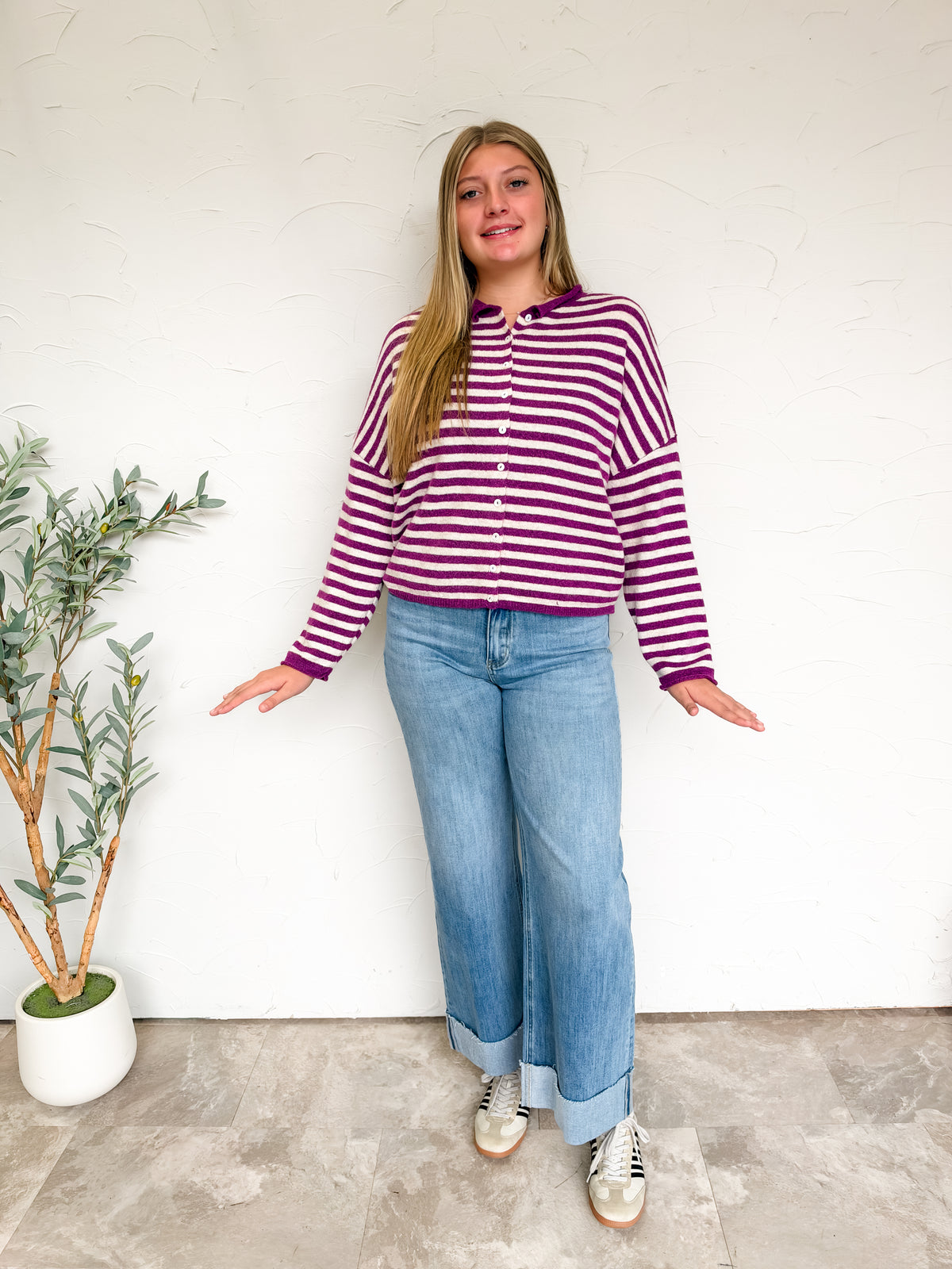 More Than Enough Striped Button Down Cardigan- Plum