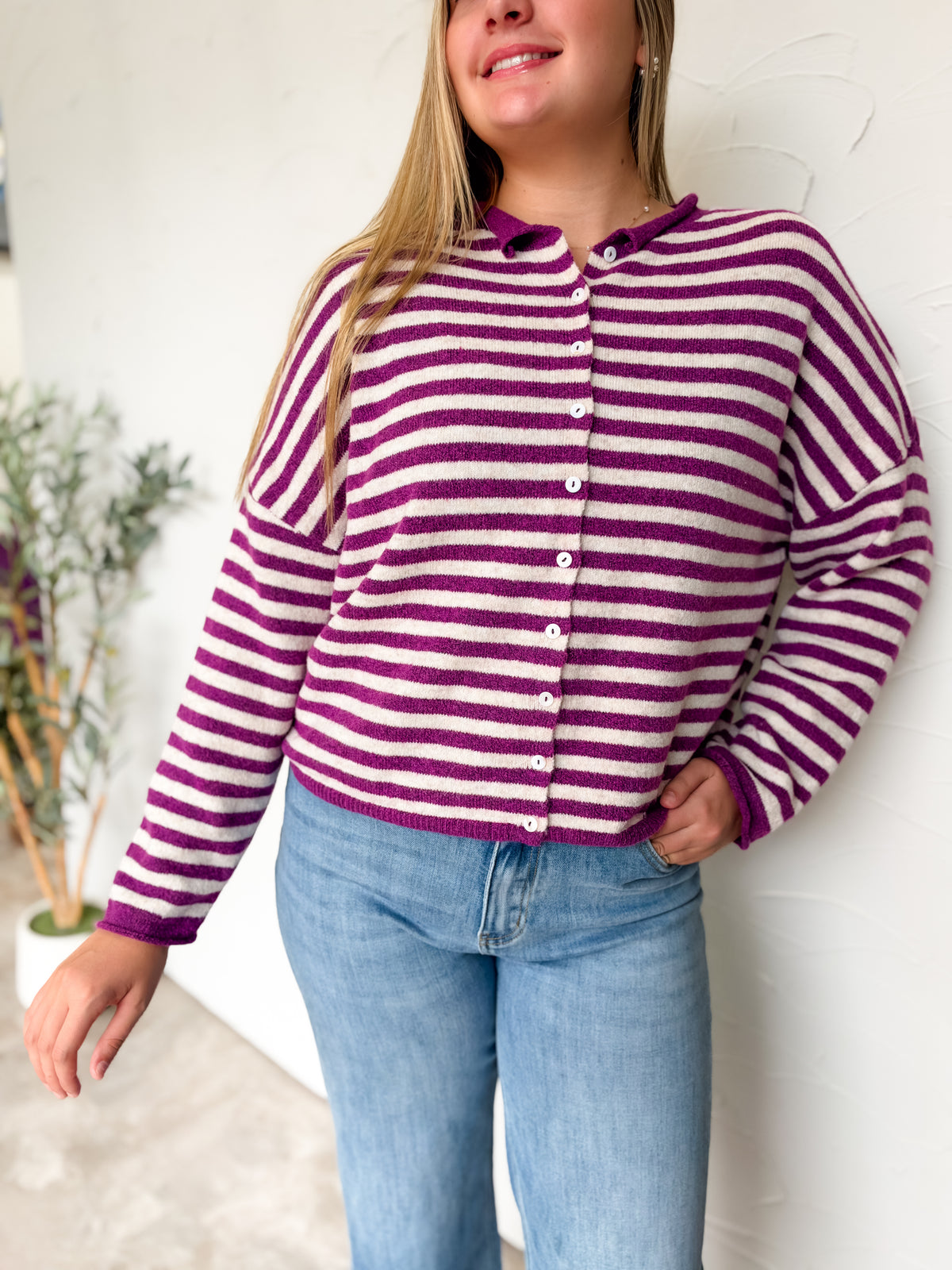 More Than Enough Striped Button Down Cardigan- Plum
