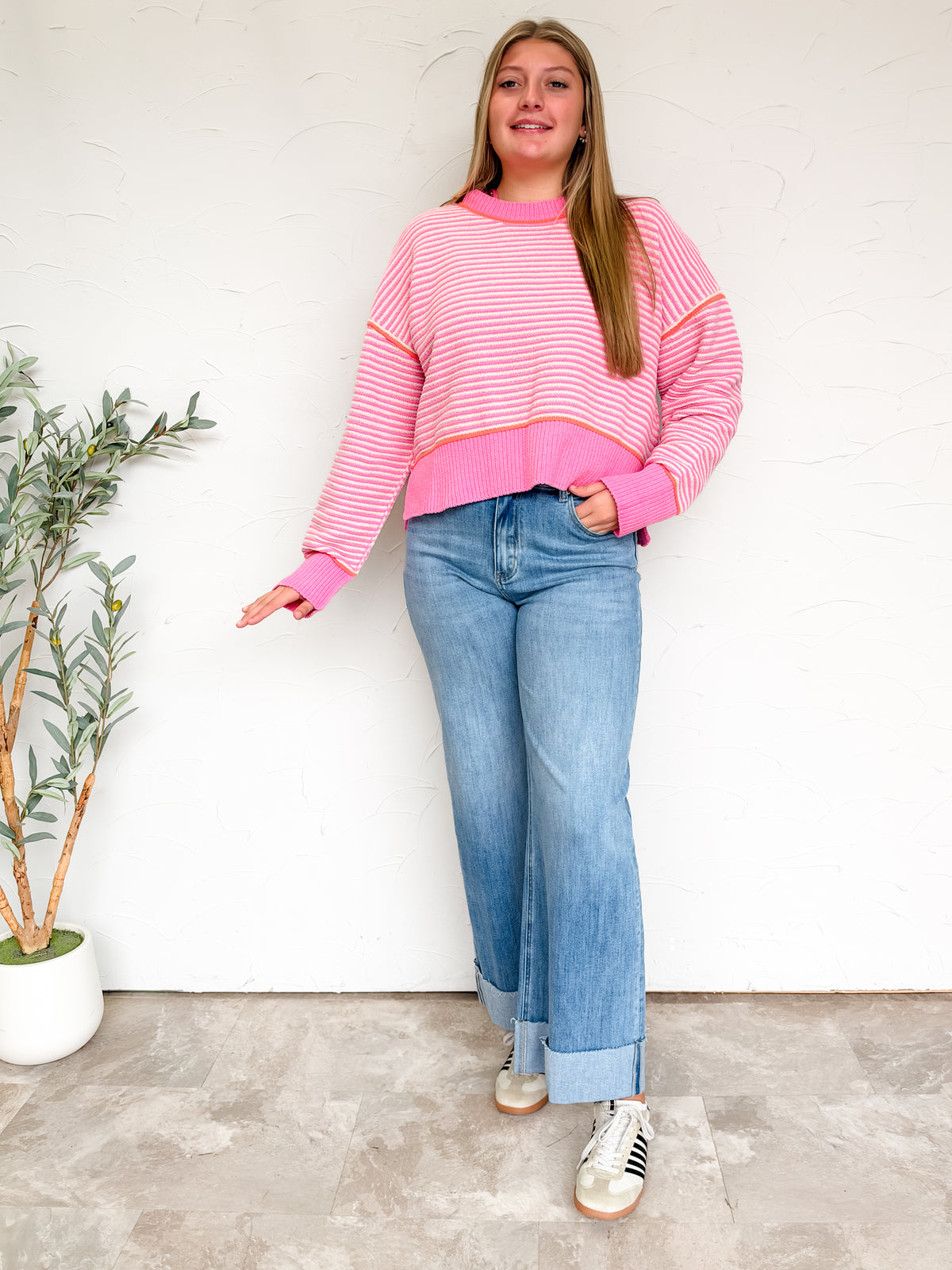 Anything Can Happen Stripe Knit Sweater- Pink