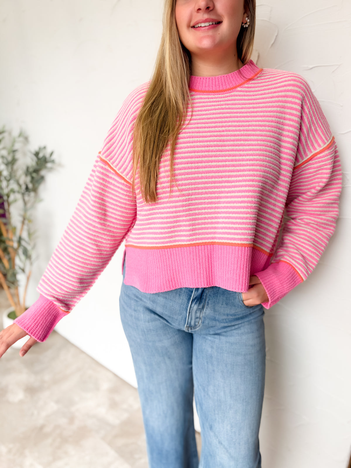 Anything Can Happen Stripe Knit Sweater- Pink