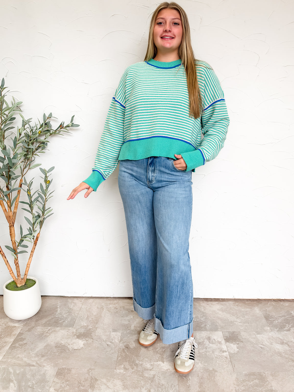 Anything Can Happen Stripe Knit Sweater- Seafoam