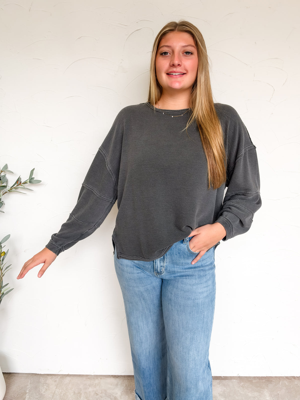 Stay My Darling Exposed Seam Knit Top- Charcoal