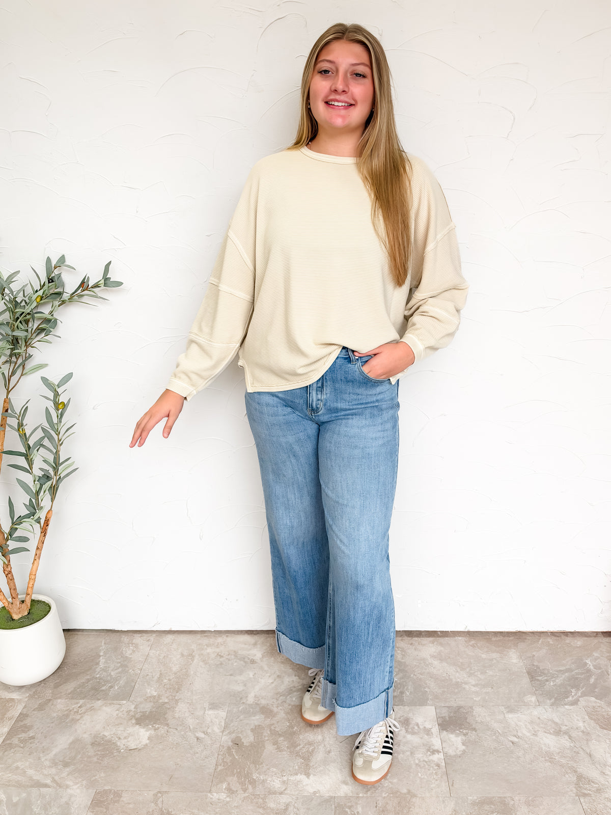 Stay My Darling Exposed Seam Knit Top- Light Khaki