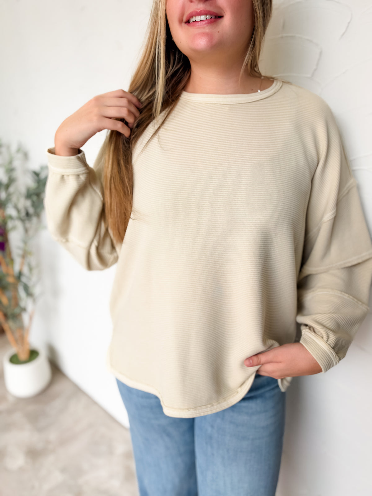 Stay My Darling Exposed Seam Knit Top- Light Khaki