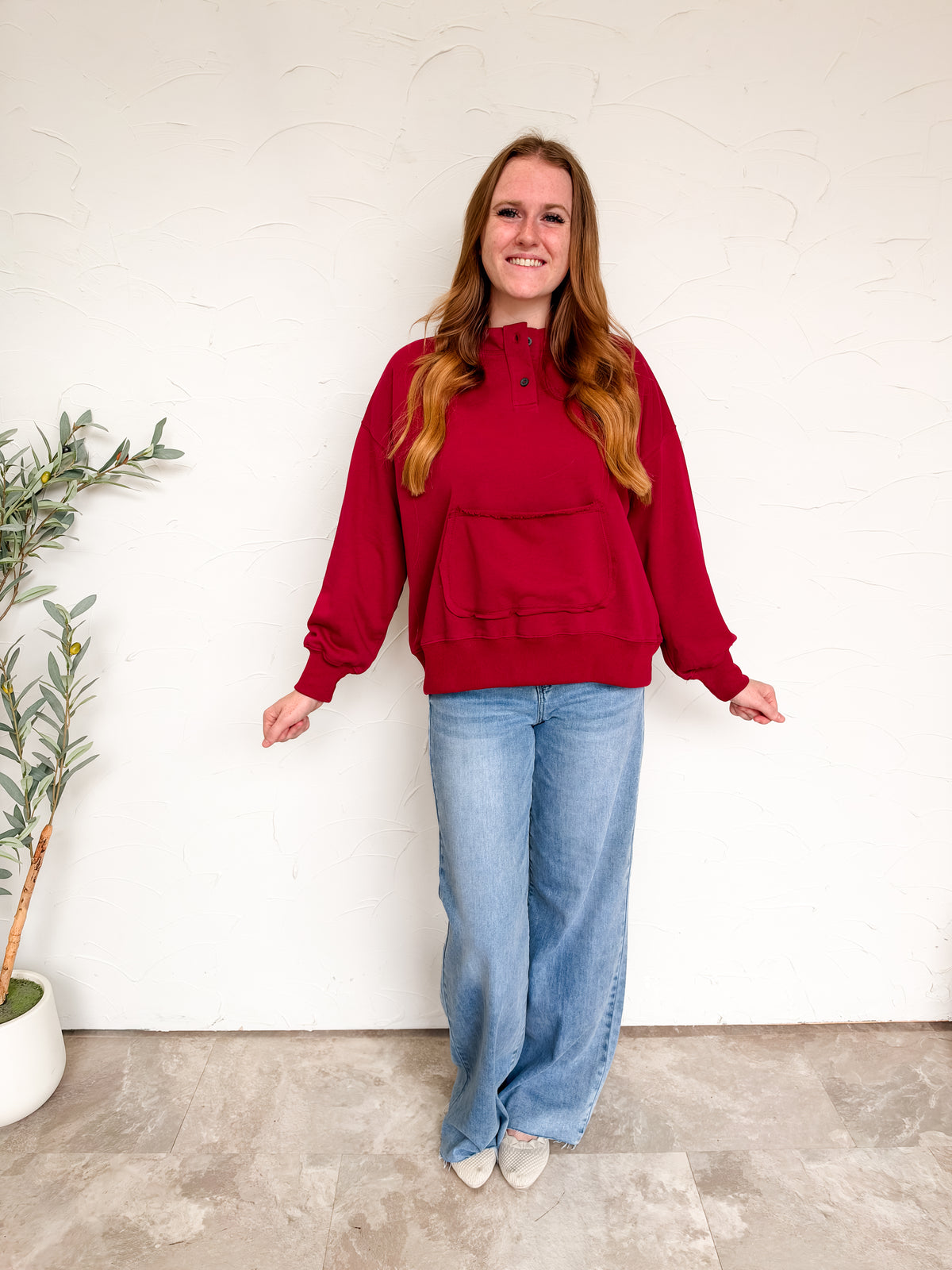 A Girls Best Friend Button Up Sweatshirt- Burgundy