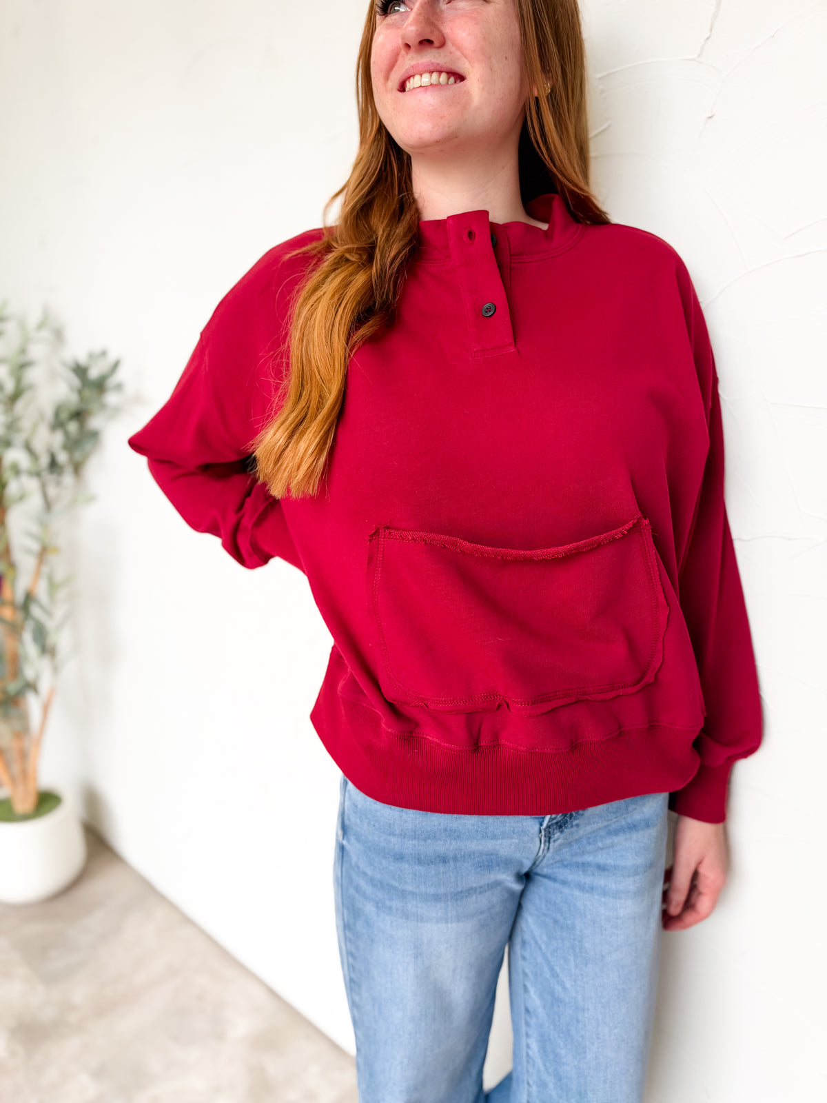A Girls Best Friend Button Up Sweatshirt- Burgundy