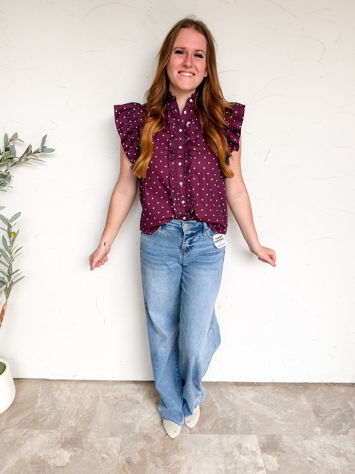 All Figure Out Polka Dot Ruffle Button Down Top