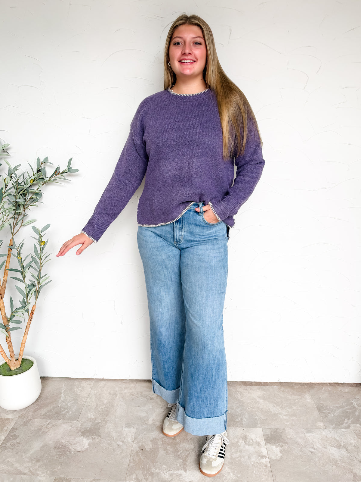 Keep It Up Stitch Hi Low Sweater- Violet
