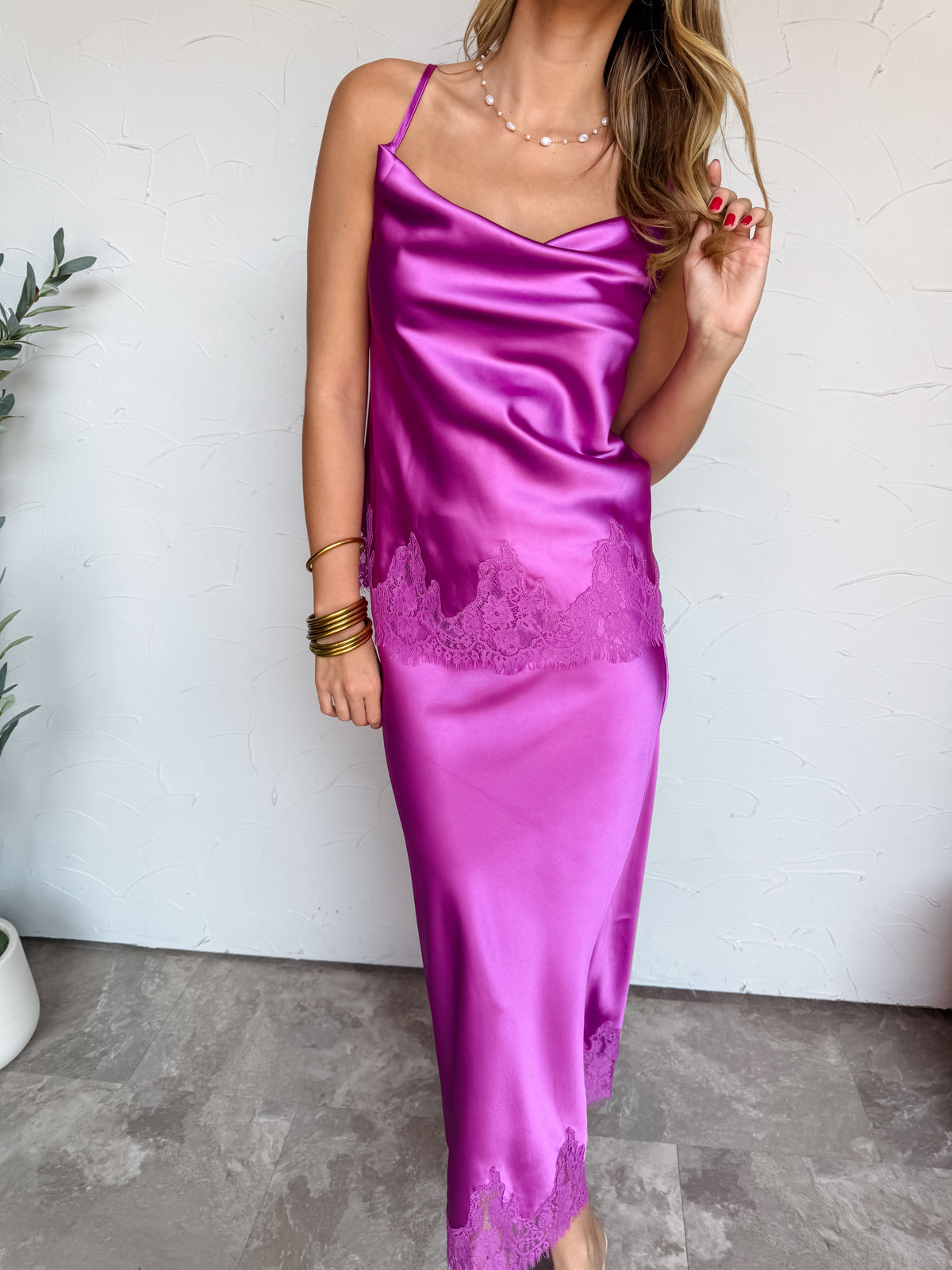Free To Choose Lace Satin Skirt Set- Magenta