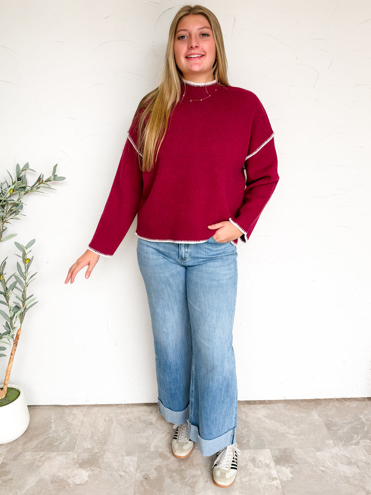 Just Between Us Stitch Mock Neck Sweater- Cabernet