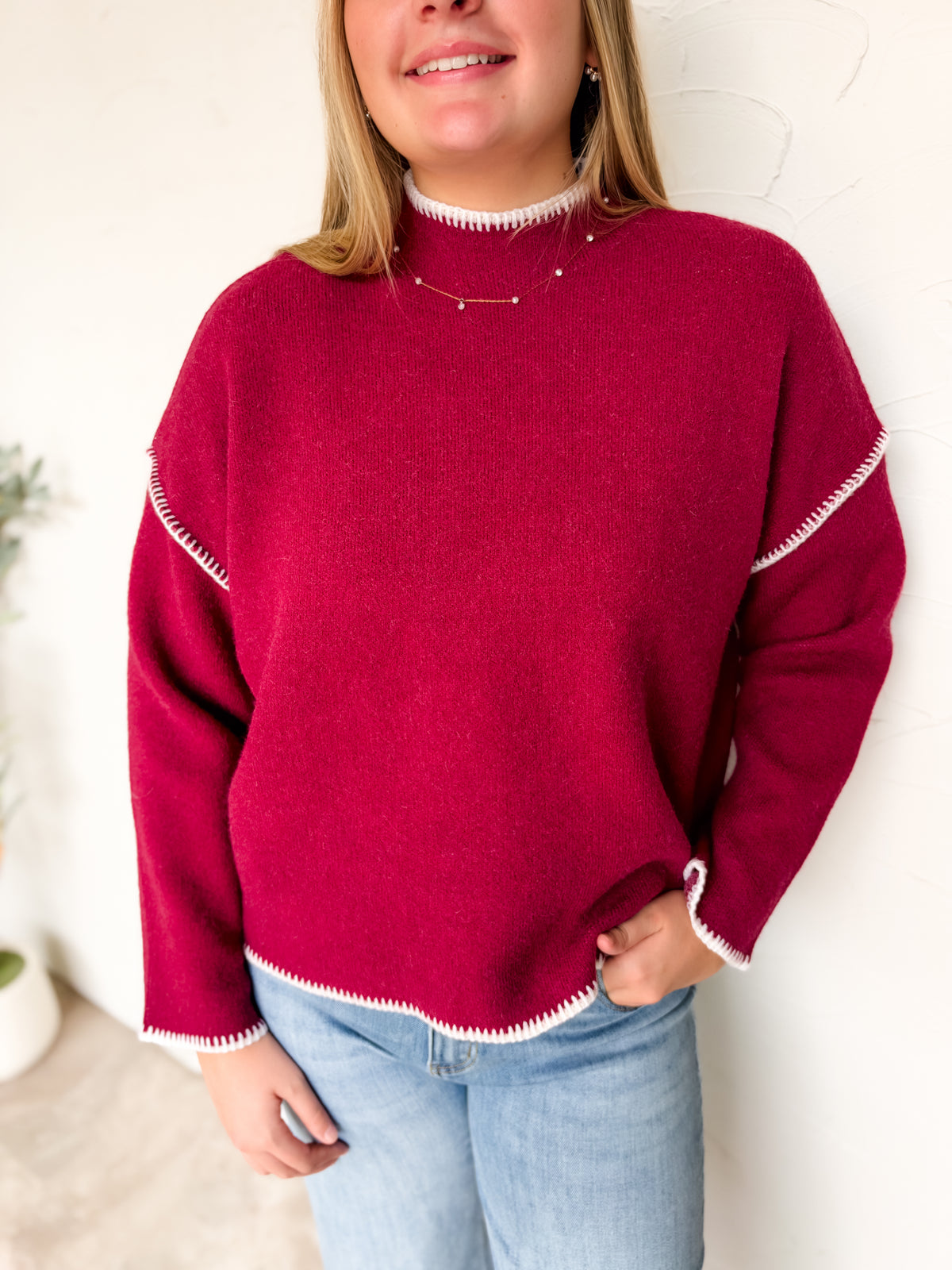 Just Between Us Stitch Mock Neck Sweater- Cabernet