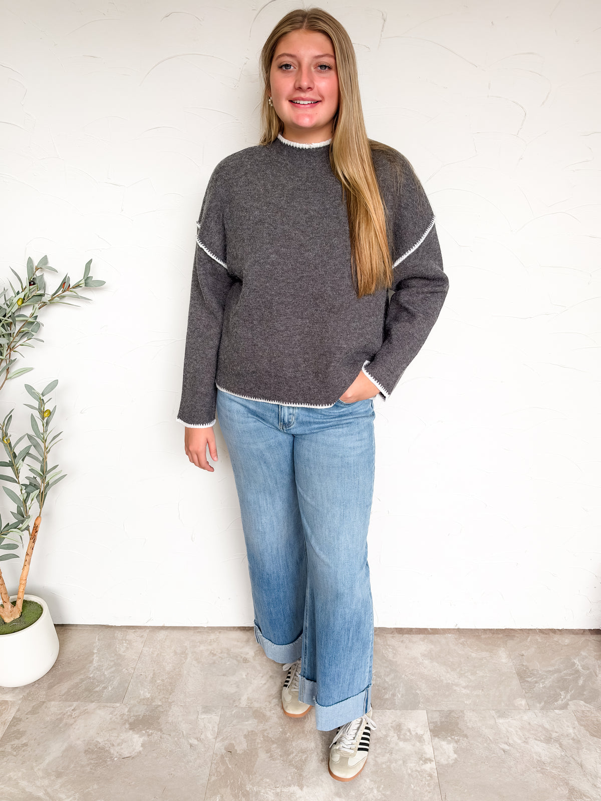 Just Between Us Stitch Mock Neck Sweater- Charcoal