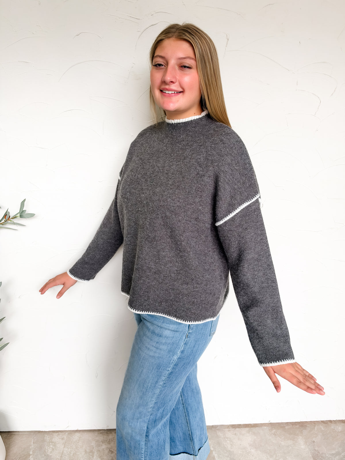 Just Between Us Stitch Mock Neck Sweater- Charcoal