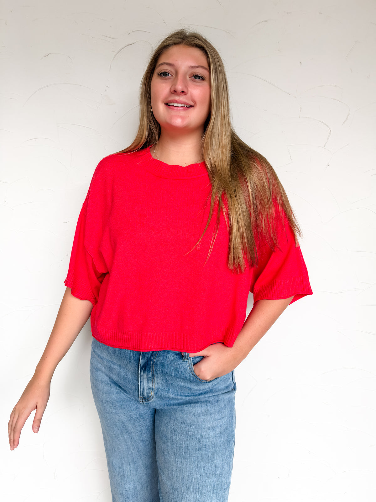 Just A Feeling Mock Neck Boxy Top- Heather Red