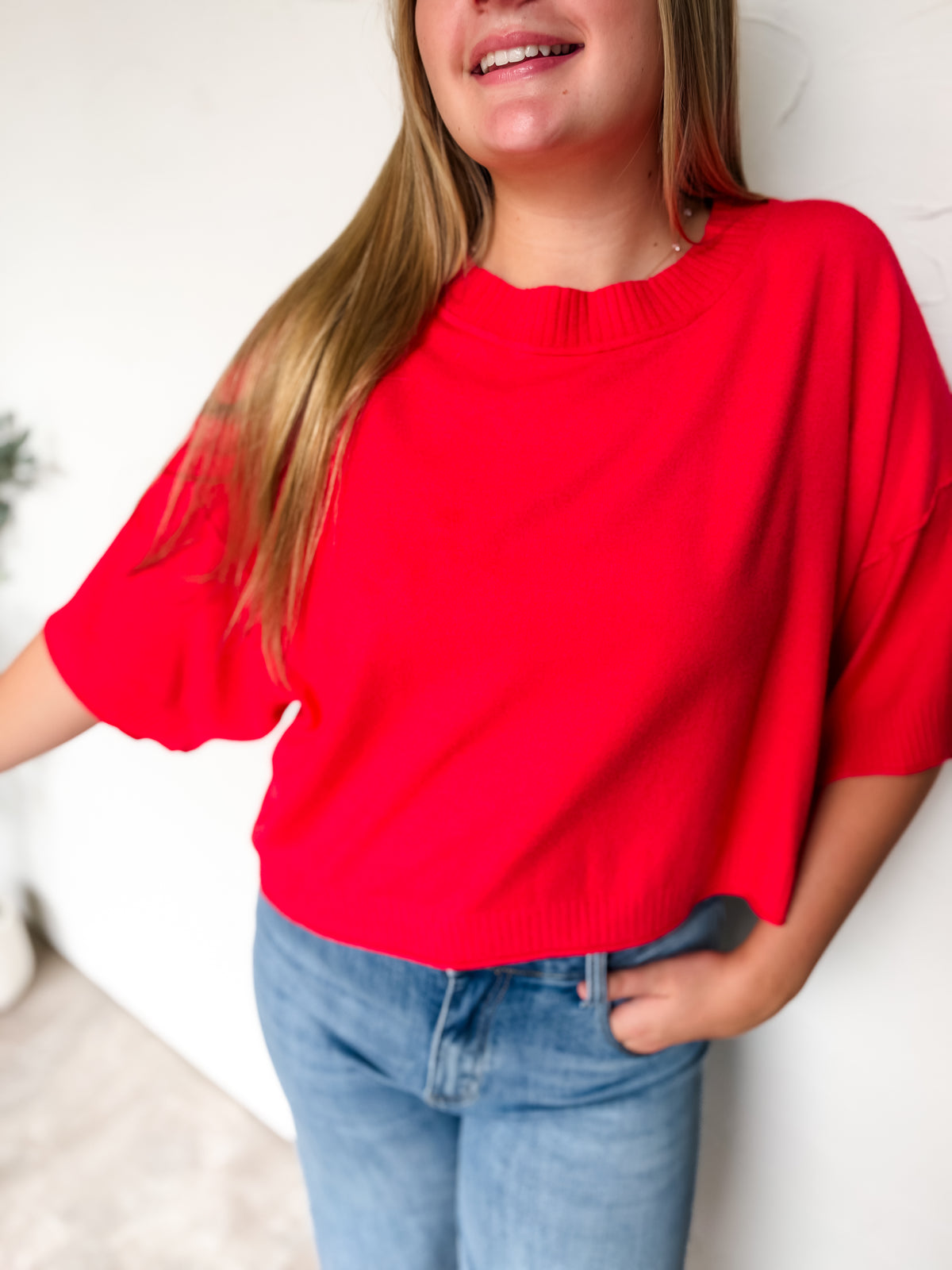 Just A Feeling Mock Neck Boxy Top- Heather Red