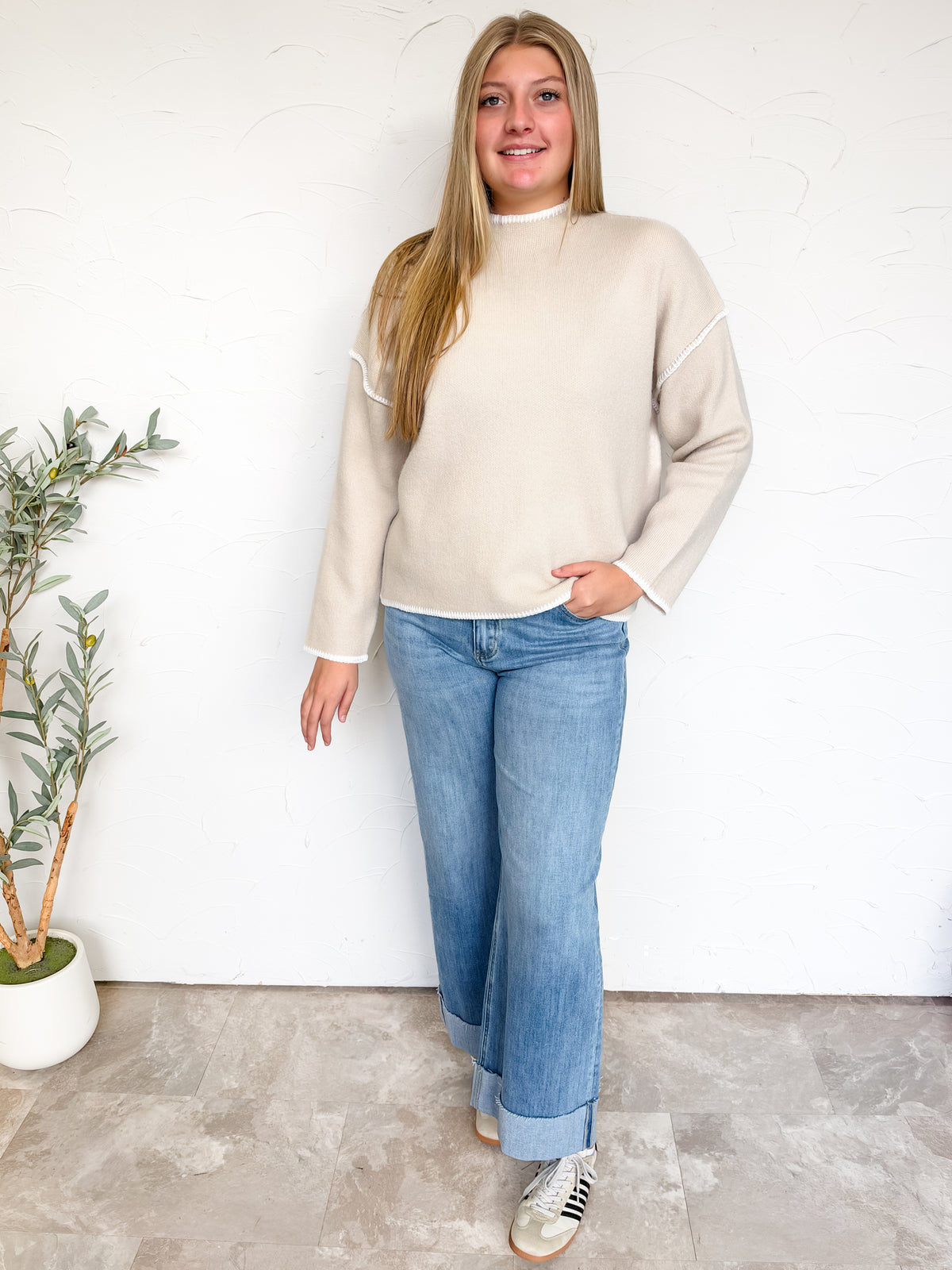 Just Between Us Stitch Mock Neck Sweater- Sand Beige