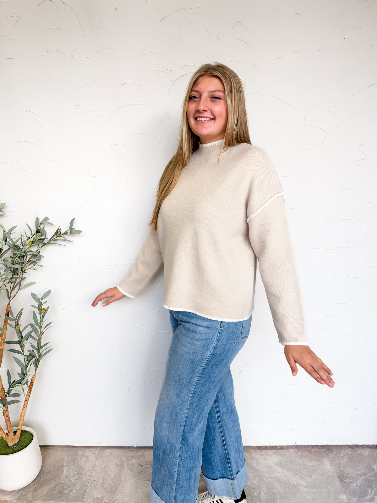 Just Between Us Stitch Mock Neck Sweater- Sand Beige