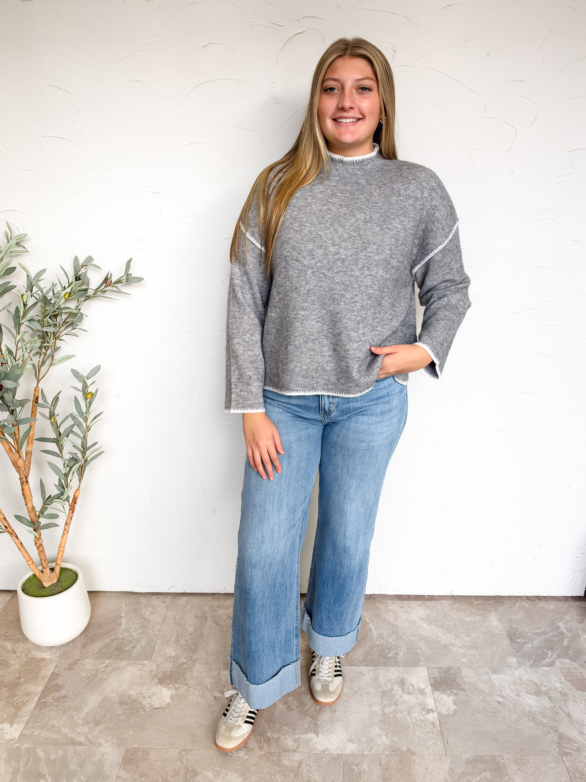 Just Between Us Stitch Mock Neck Sweater- H Grey