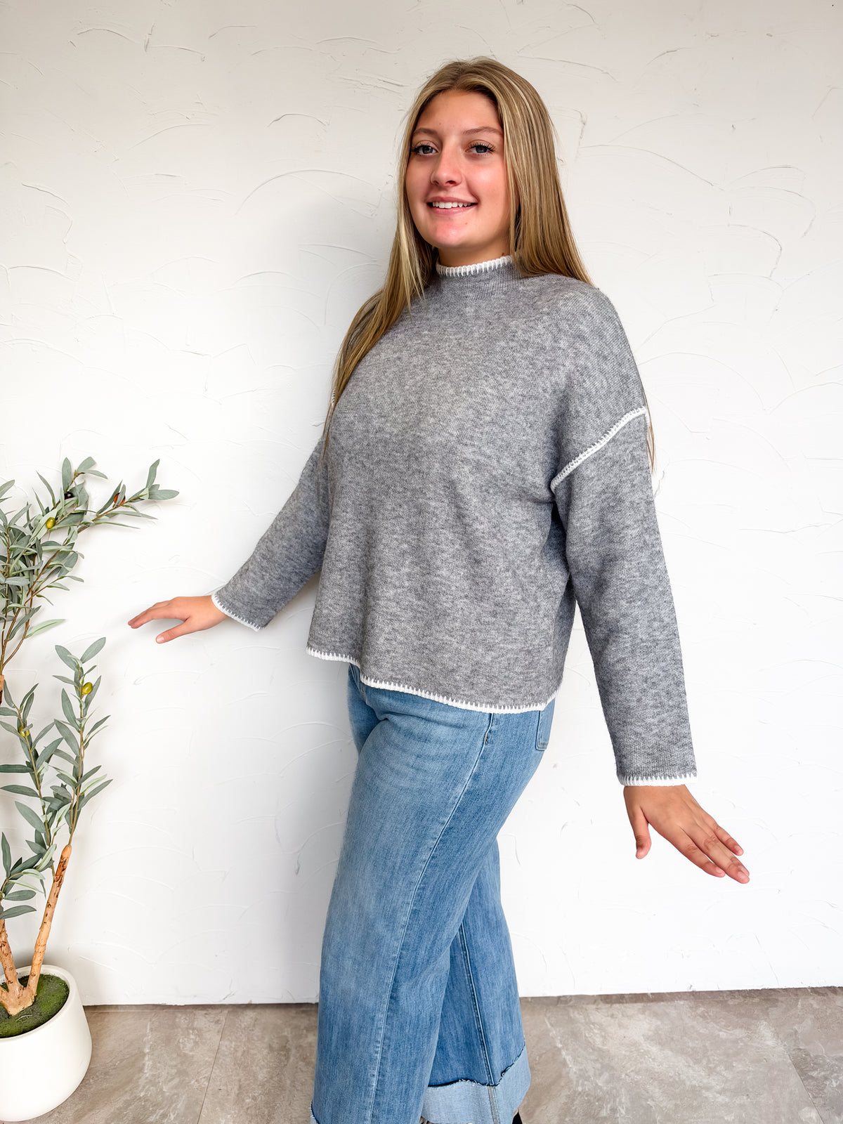 Just Between Us Stitch Mock Neck Sweater- H Grey